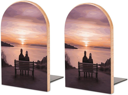 Sunset Wooden Bookend Non-Slip Book Ends Heavy Duty Book Stopper with Metal Base Books Holderd Decorative Bookends Stands Firmly for Office Supplies