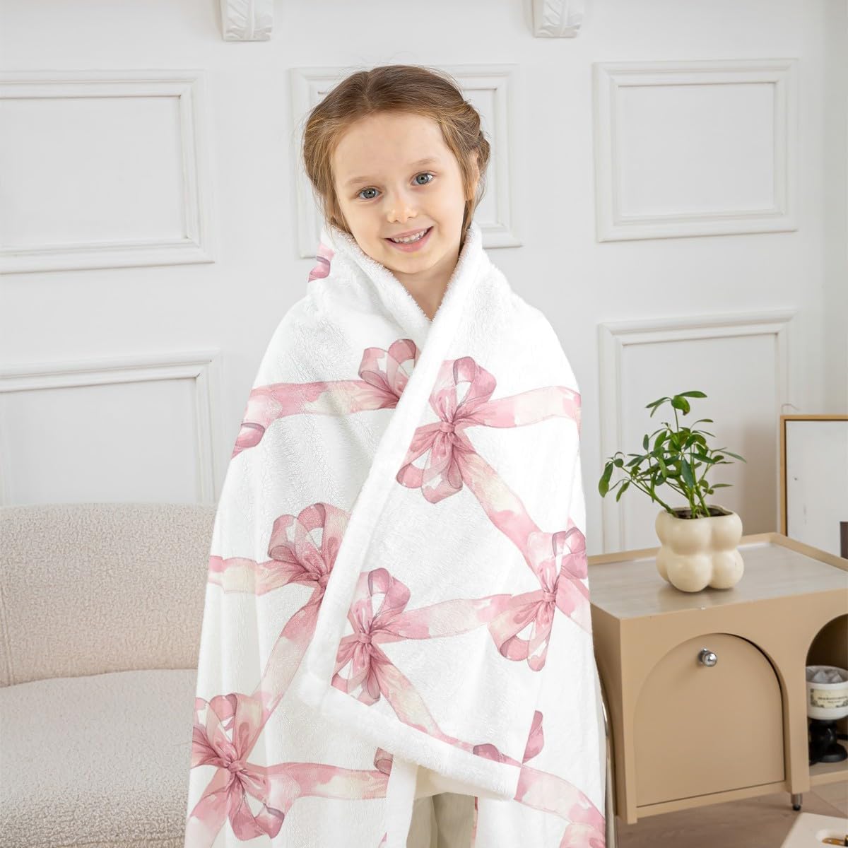 Manfei Pink Bowknot Flannel Blanket Dreamy Princess Style Kids Girls Fleece Throw Blanket for Room Decor,Watercolor Bow Geometric Grids White Bed Blanket for Bed Sofa Couch,Baby 30"x40"
