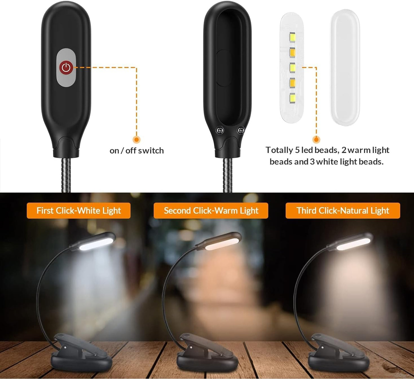 Reading Lights with 5 LED, Book Light Clip-on with 3 Changeable Color, Desk Bed Light Battery & USB Operated, for Kids, Bookworms & Students