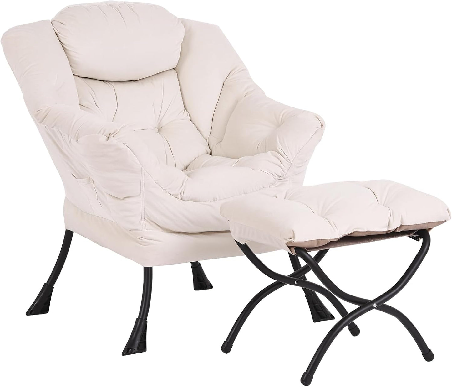 Lazy Chair and Ottoman, Large Velvet Beige Accent Chair with a Side Pocket, Modern Leisure Upholstered Reading Armchair with Footrest for Office, Bedroom, Living Room, Dorm Rooms, Balcony
