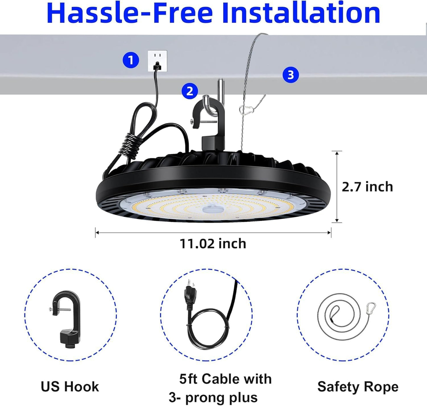 2 Pack LED High Bay Light 150W, 5000K UFO LED High Bay Light Fixture with US Plug [450W MH/HPS Equiv.] 120-277V, 19,500lm, IP65 Commercial Warehouse Area Light for Wet Location