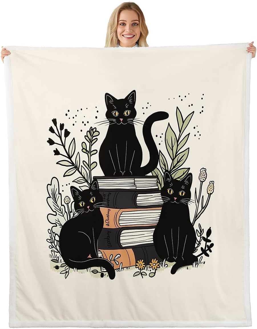 jejeloiu Black Cat Sherpa Throw Blanket for Couch Garden Floral Super Soft Cozy Fleece Cute Kitten Blanket for Winter, Plush Throw Reading Book Throw 50"x60" All Season