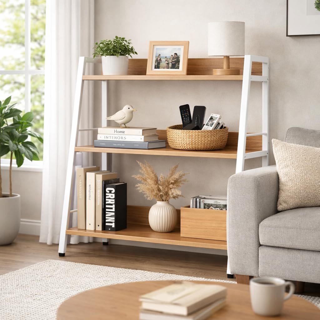 Kitchen Shelf, 3 Tier Ladder Shelf, Freestanding Book Shelf and Kitchen Storage Shelf Organizer, Wood and Metal Display Shelf for Living Room, Kitchen, Bedroom, Office (White, 3 Tier)