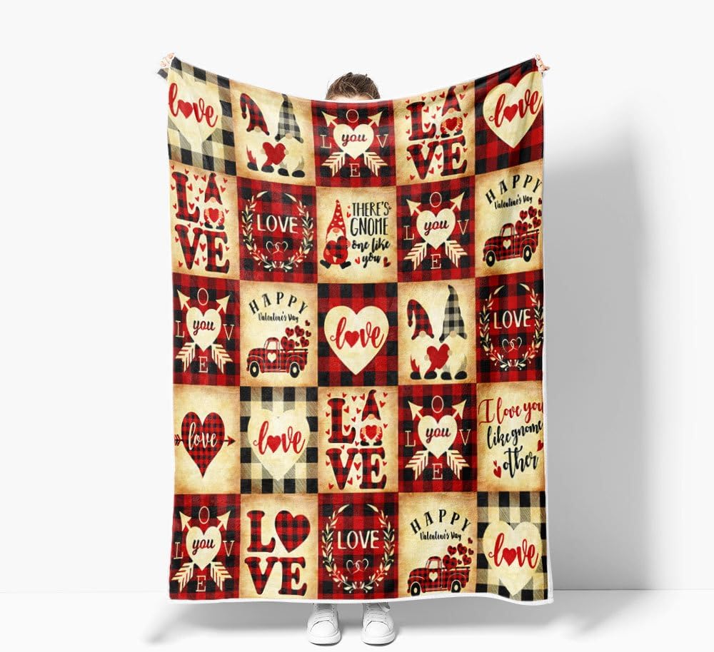 Happy Valentine's Day Throw Blanket, Buffalo Check Plaid Red Truck Gnomes Couples Lovers Lunch Rest Blanket, Cupid Sword Sweet Heart Blankets for Bed Couch Sofa 50X60IN