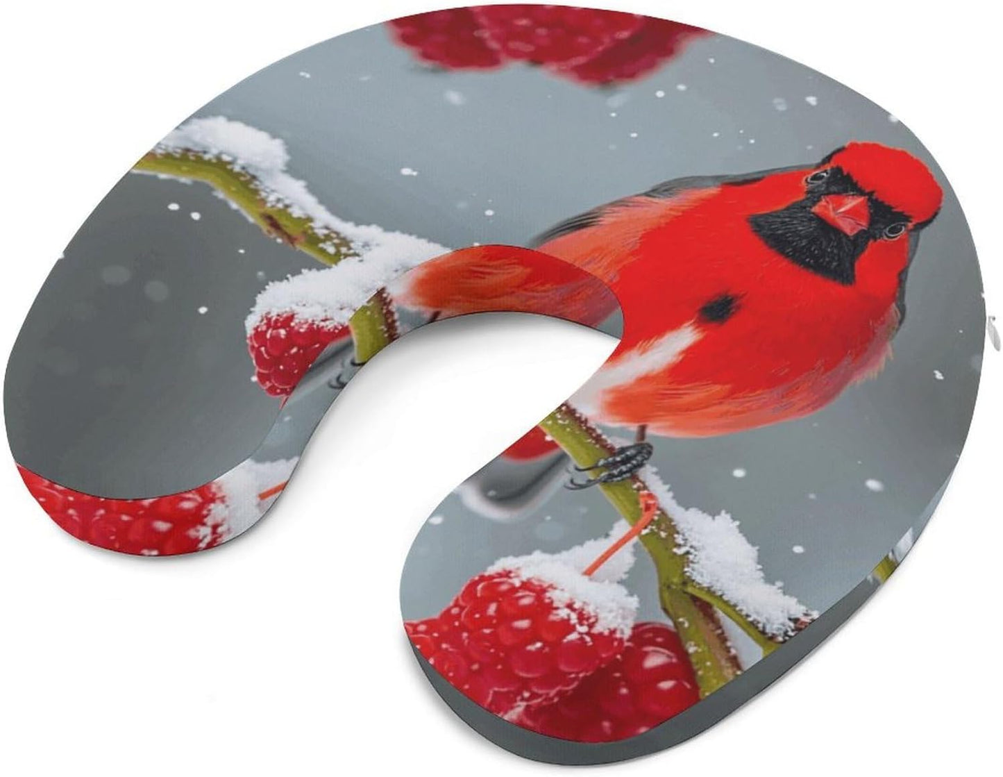 Cardinal Birds, Snow, Cranberries. Neck Pillow Memory Foam U Shaped Pillows Portable Pillows for Shoulder Travel Head Support Pillow with Concealed Zipper for Airplane Car Home Office