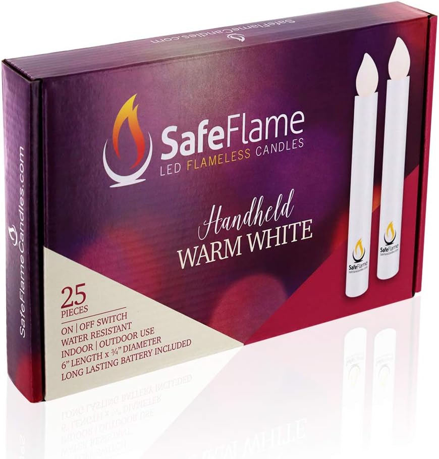 SafeFlame Hand Held LED Candles - Batteries Included - Easy On/Off Switch - Safe Flame for Candlelight Service (Box of 25) (Warm White)