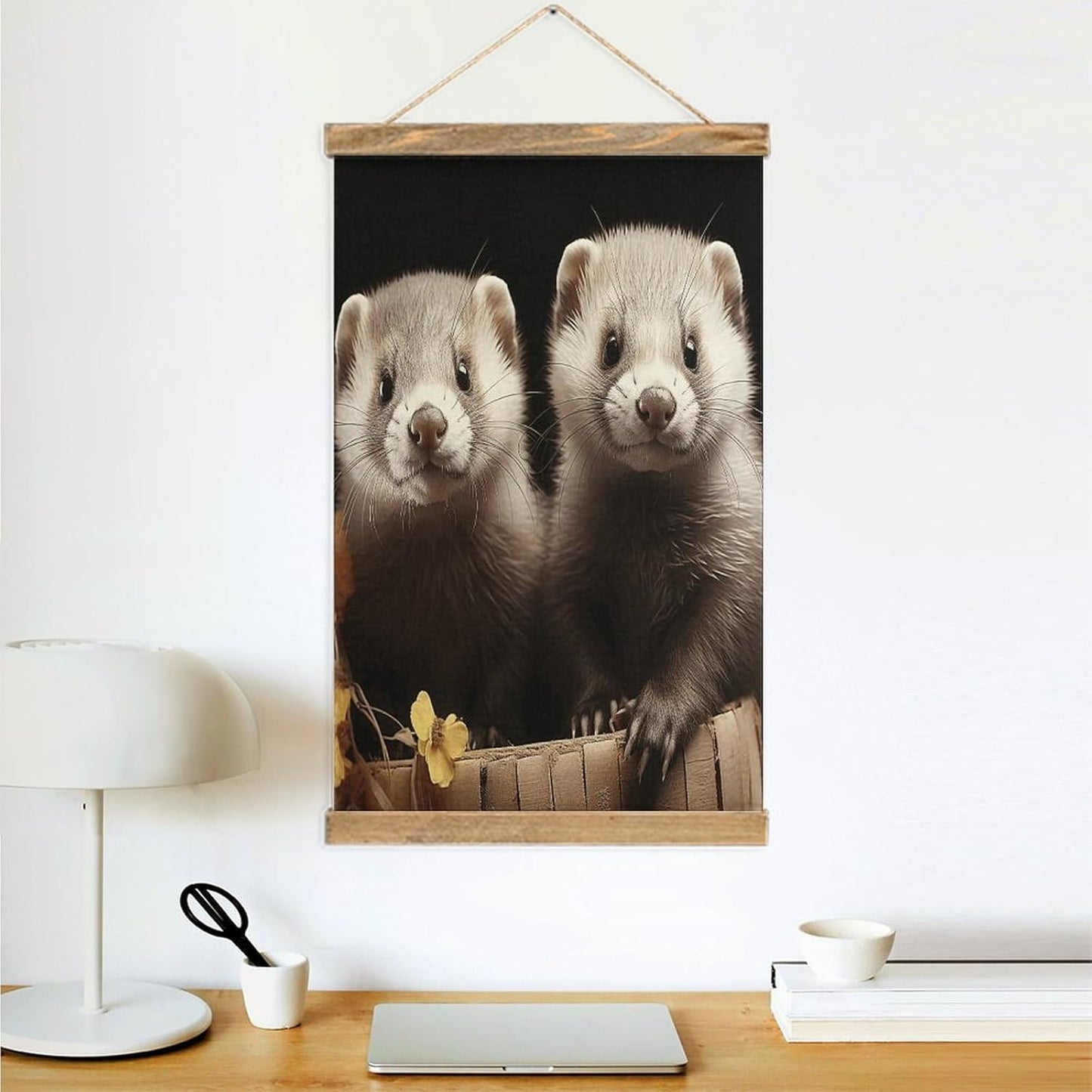 Vintage Ferrets Poster with Wooden Frame Personalized Linen Hanging Scroll Painting Rustic Wall Hanging Illustrative Modern Artwork Decor for Home Living Room Bedroom Office