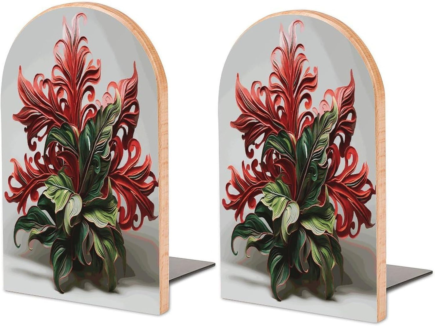 Red and Green Flowers Wooden Bookend Non-Slip Book Ends Heavy Duty Book Stopper with Metal Base Books Holderd Decorative Bookends Stands Firmly for Office Supplies