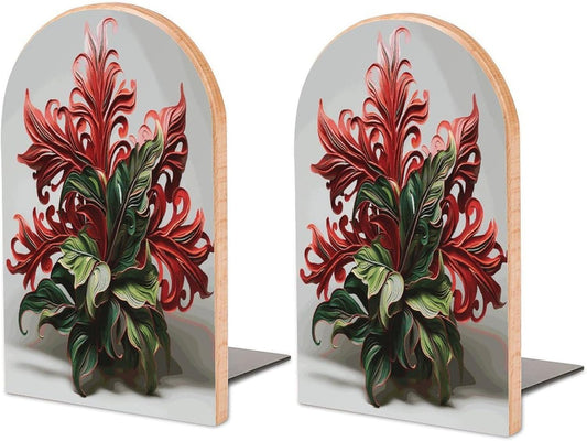 Red and Green Flowers Wooden Bookend Non-Slip Book Ends Heavy Duty Book Stopper with Metal Base Books Holderd Decorative Bookends Stands Firmly for Office Supplies