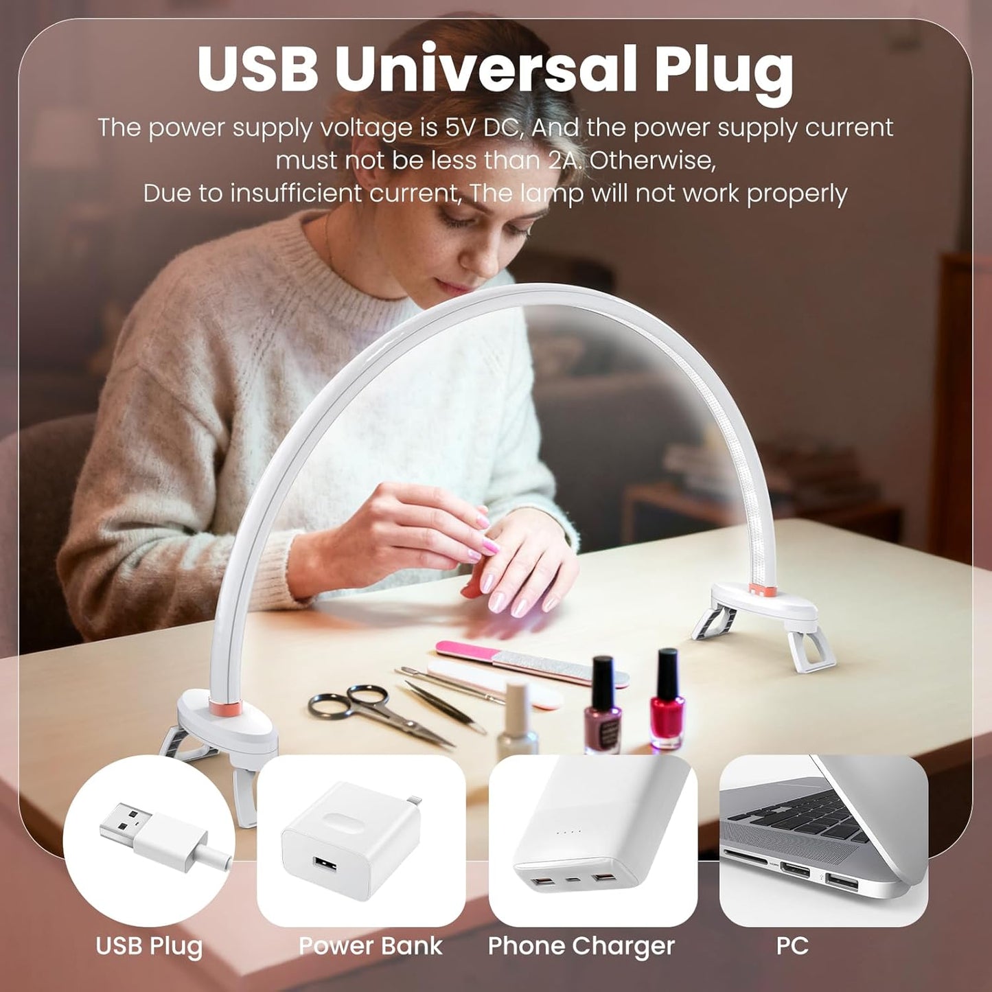 Yokilly Arc Half Moon Light: 20" Half Moon Light with Foldable Bracket for Desk Salon Table Use - No Flicker & Shadow-Free Desk Lamp with Stepless Brightness 3000-6500K for Manicurist Nail Tech