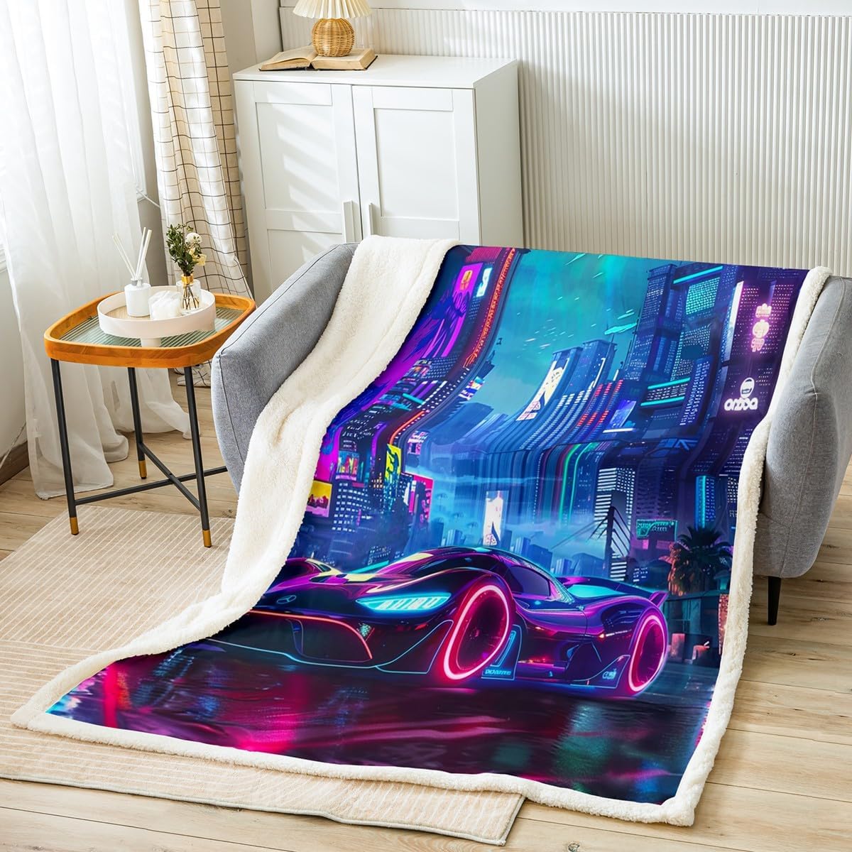 Feelyou Race Car Fleece Throw Blanket 40"x50" Kids Sports Car Plush Blanket for Bed Sofa Couch Boys Girls Teens Luxury Modern City Building Sherpa Blanket Cool Speed Fuzzy Blanket