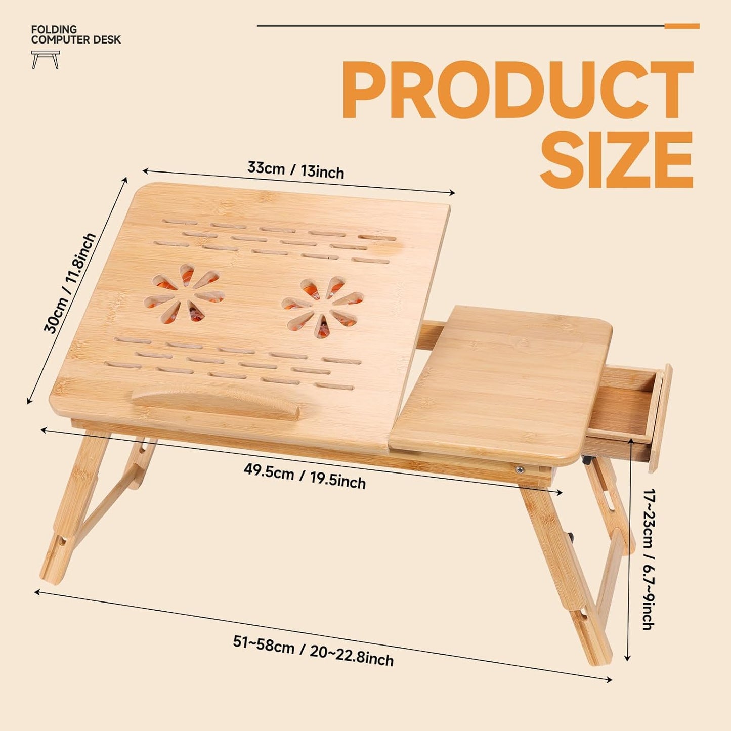 Adjustable Bamboo Laptop Desk with Cooling Fan, Foldable Bed Tray for Breakfast, Writing, and Drawing, with Tilting Top and Drawer, Portable Lap Desk for Bed, Sofa, and Floor.