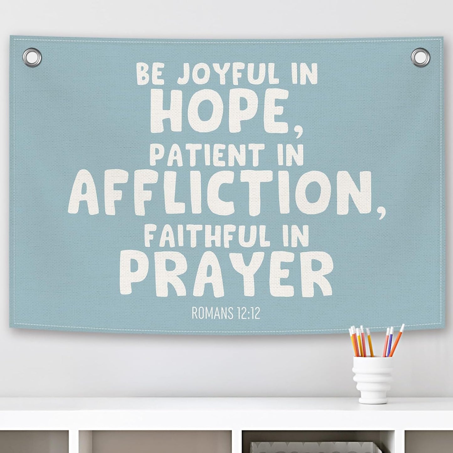 Blue Christian Kids Banner Canvas, Bible Verse Be Joyful in Hope Toddler Room Decor, Inspirational Hanging Flag Sign, Nursery Wall Tapestry Art for Playroom Bedroom Classroom Decor 20x30in