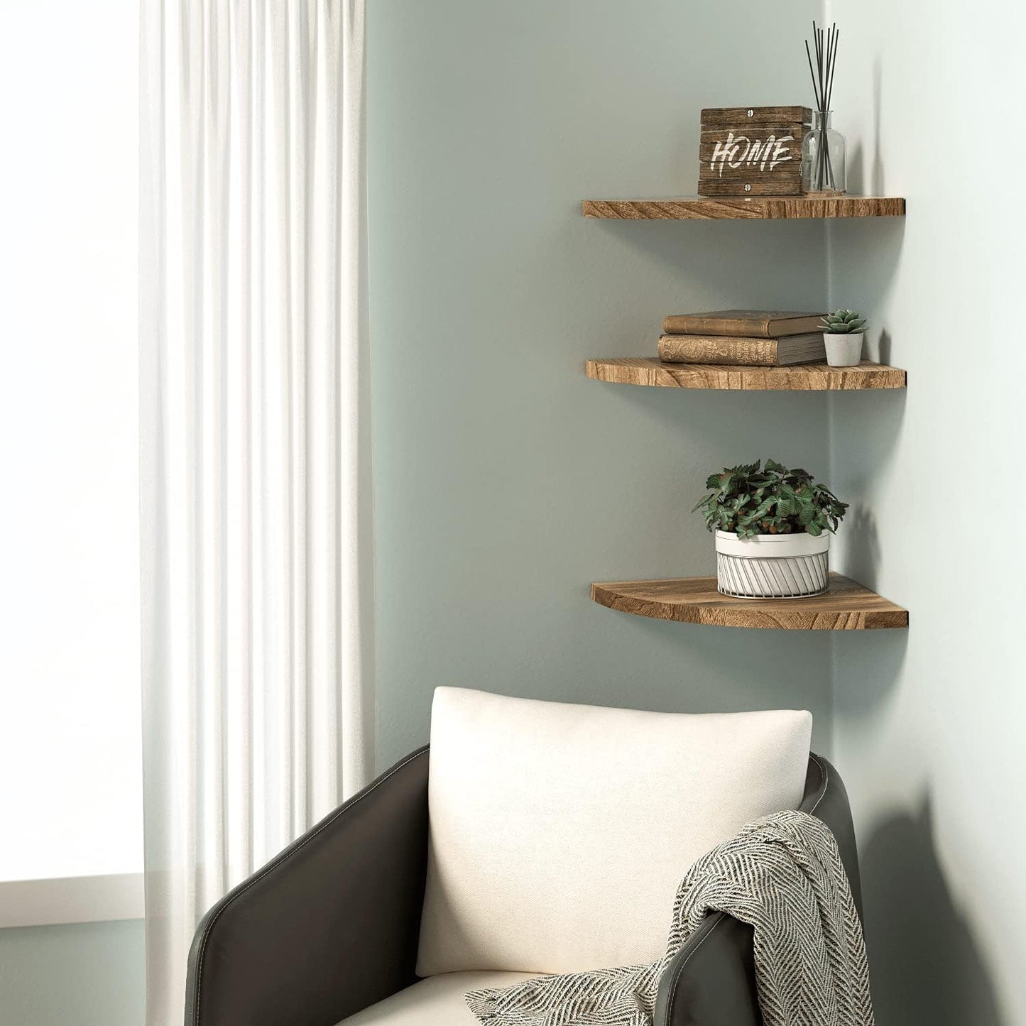 Wall Mounted Rustic Wood Round Edge Corner Shelf Storage Rack, Bookcase, Floating Shelves Home Decor for Bedroom, Living Room, Office and Kitchen, Set of 3 (Round Edge)
