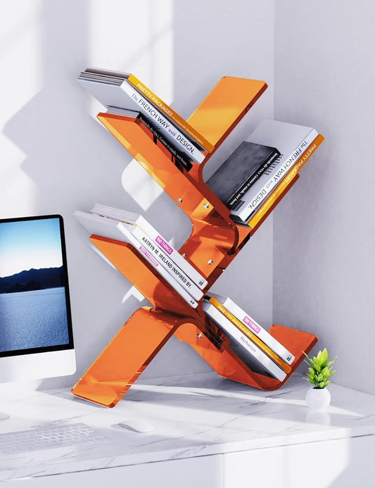 Acrylic Tree Bookcases Modern Clear Bookshelf Standing Bookcase Tree Organizer Decorative Storage Rack (Orange, 24.4'' x 7.9'' x 36.2'')