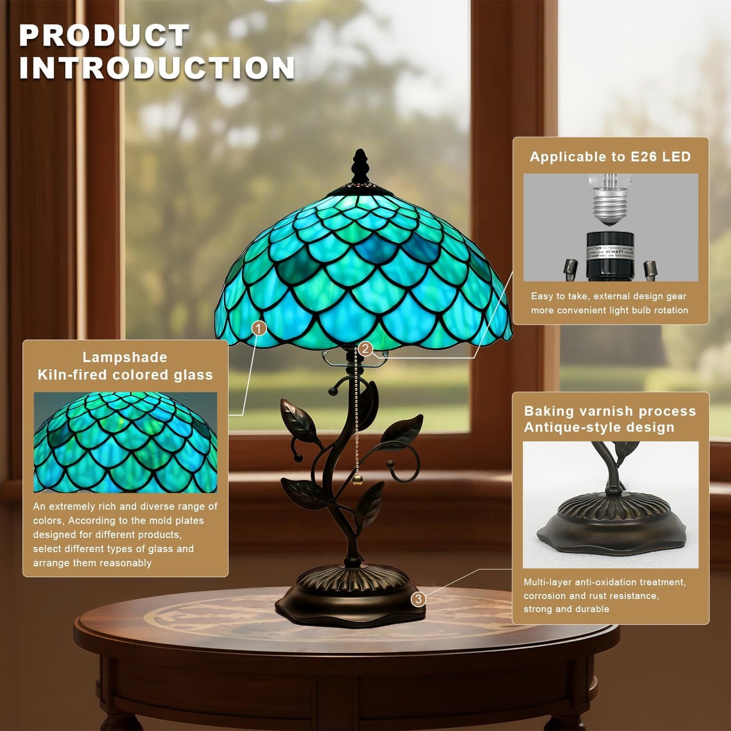 Tiffany Table Lamp, Stained Glass Lamp, 12x12x19 Inch, Metal Leaf Base Decor Lamp for Bedroom、Living Room、Home、Office(Blue Green Fish Scale Style)