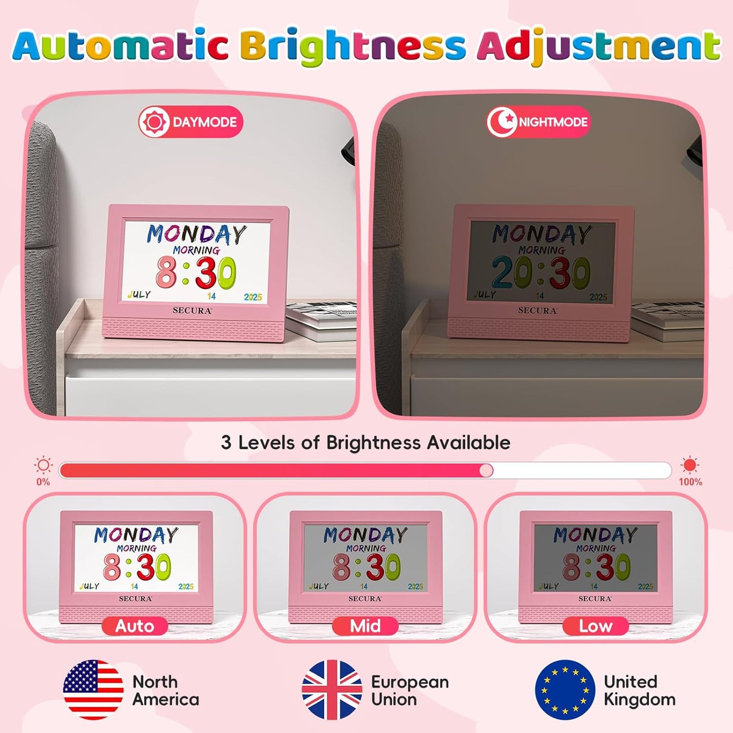 Secura TimeTact Reminder for Kids, 7" LED Talking Alarm Clock with Countdown Visual Timer, 17 Daily Reminders & 5 Custom Alarms Habit Reminder and Scheduler (Pink)