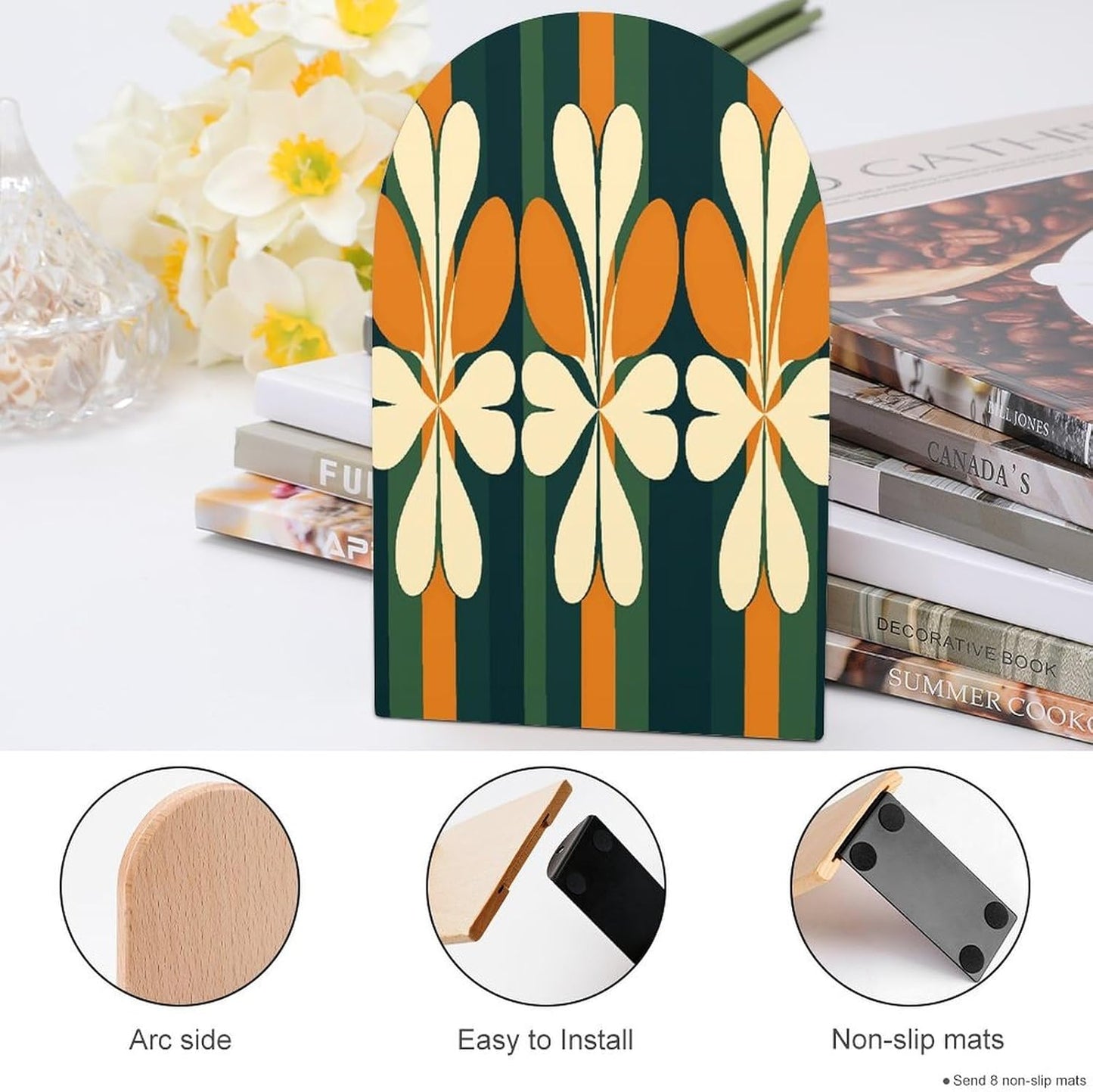 Non-Slip Bookend for Shelves Repeating Pattern Wooden Bookends with Metal Base Decorative Book Stopper for Home Heavy Duty Wood Book Storage for Books/CDs