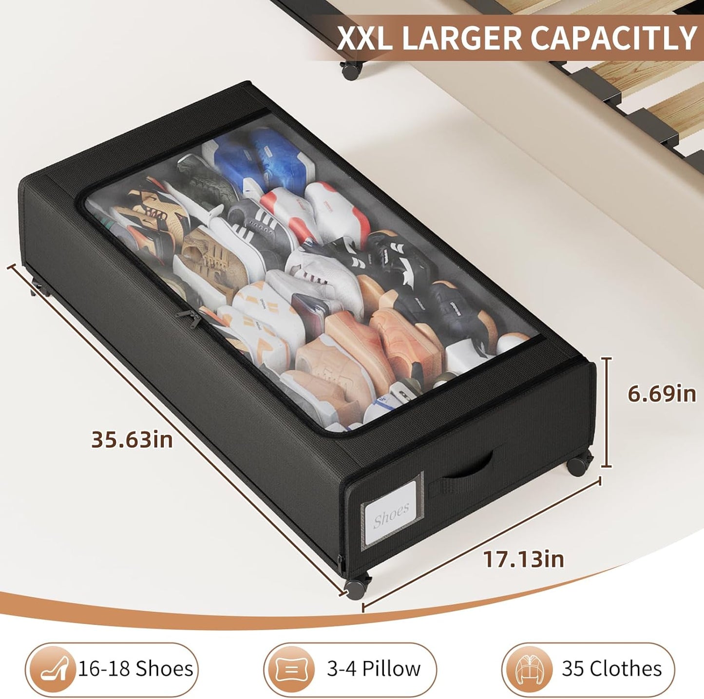 XXXXL Extra Long Under Bed Storage with Wheels,BIGGEST Size Available(66L) under the bed storage Organizer with Lid&Label,Rolling Under the bed Metal Drawer for Clothes,Shoes,Toys(36x17x 6In)