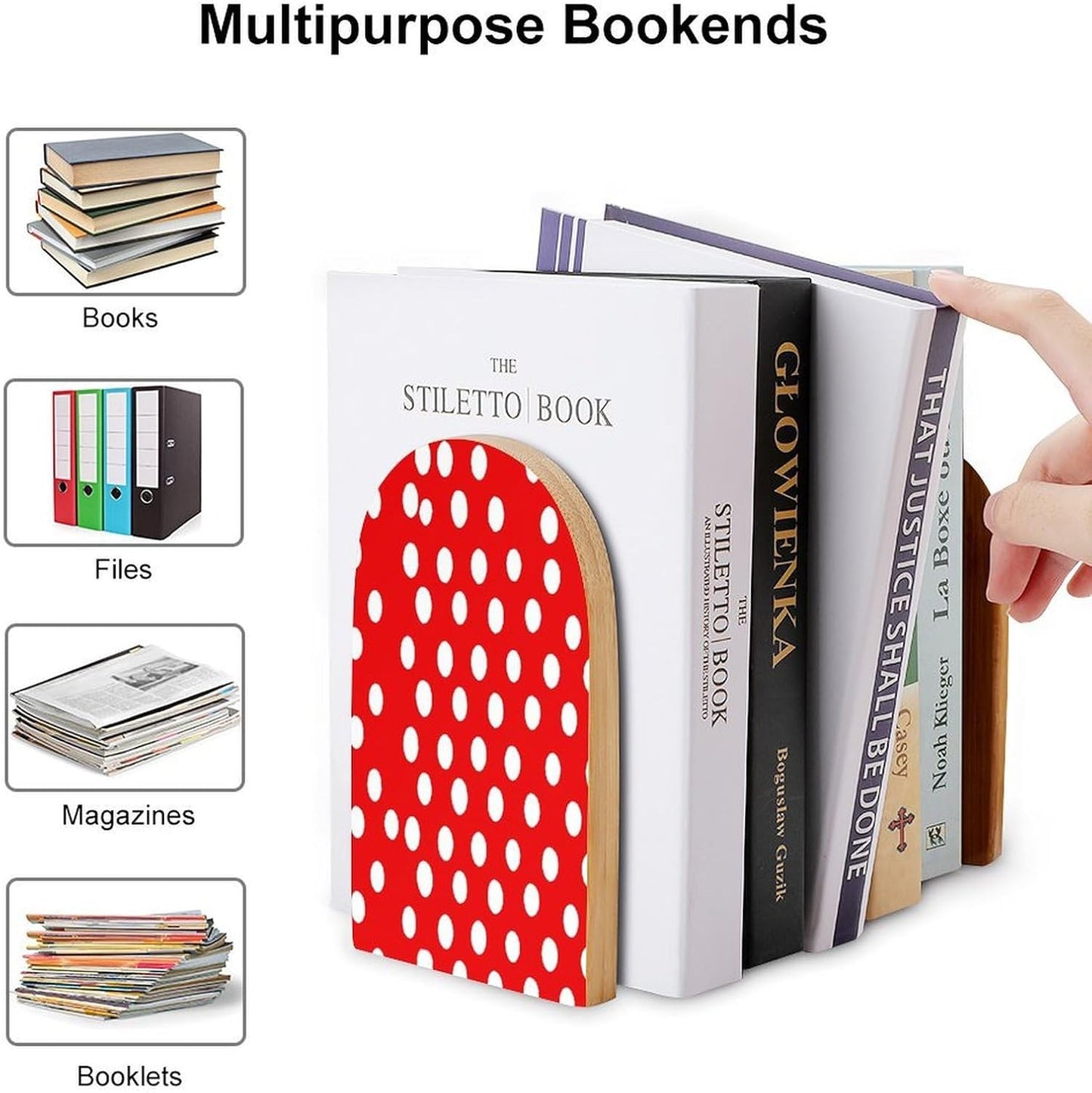 Non-Slip Bookend for Shelves Red and White Polka Dots Wooden Bookends with Metal Base Decorative Book Stopper for Home Heavy Duty Wood Book Storage for Books/CDs