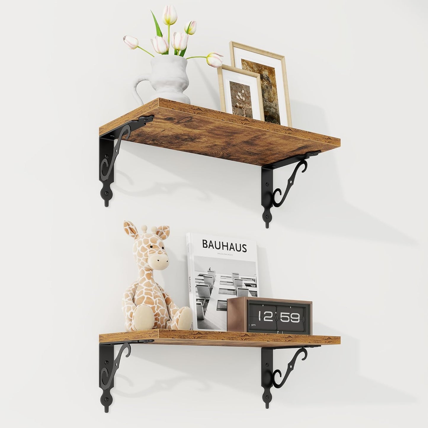 RICHFOCUS Floating Shelves for Wall Decor, 8 Inch Deep Floating Shelves Set of 2, 16W x 8D Shelves Wall Mounted with Metal Brackets, Wood Shelves for Living Room Bedroom Kitchen, Rustic Brown