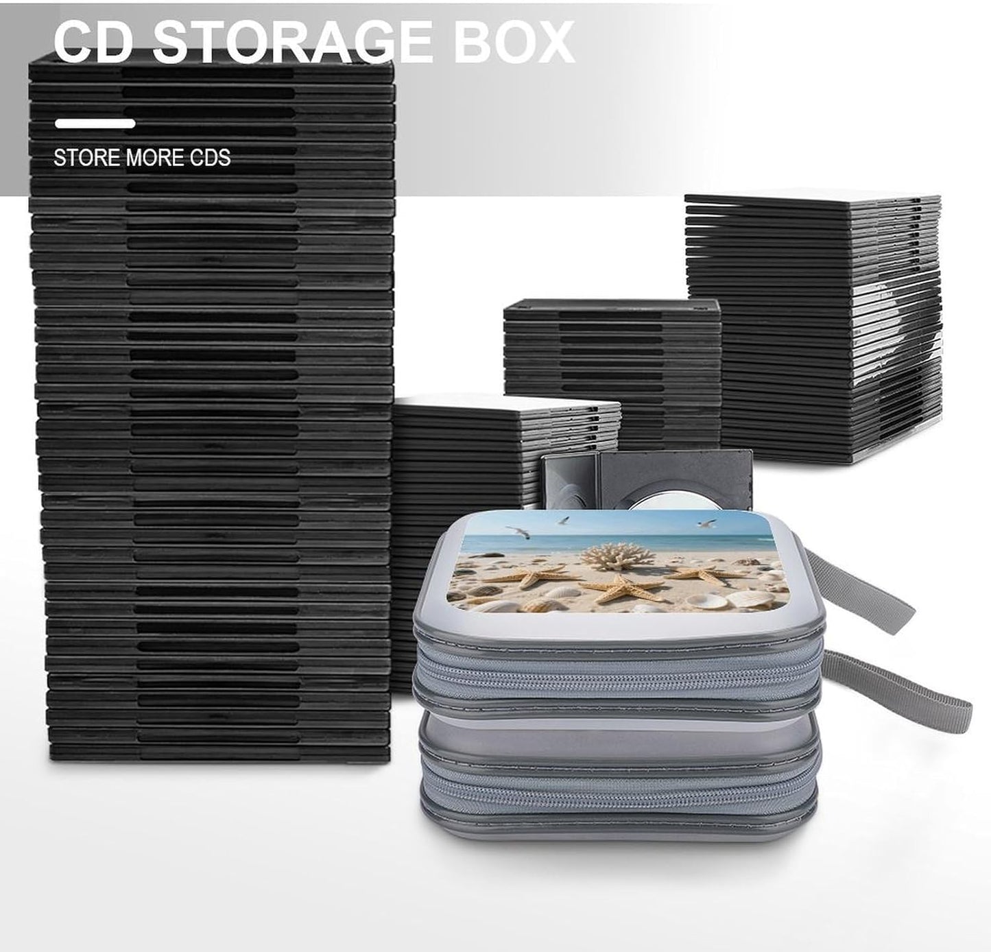 Sea Shells And Starfish CD Case Portable Zipper CD Case 40 Capacity Hard Plastic DVD Cases Holder Large Storage Disc Wallet Bag for Car Home Travel DVD Collection Bag