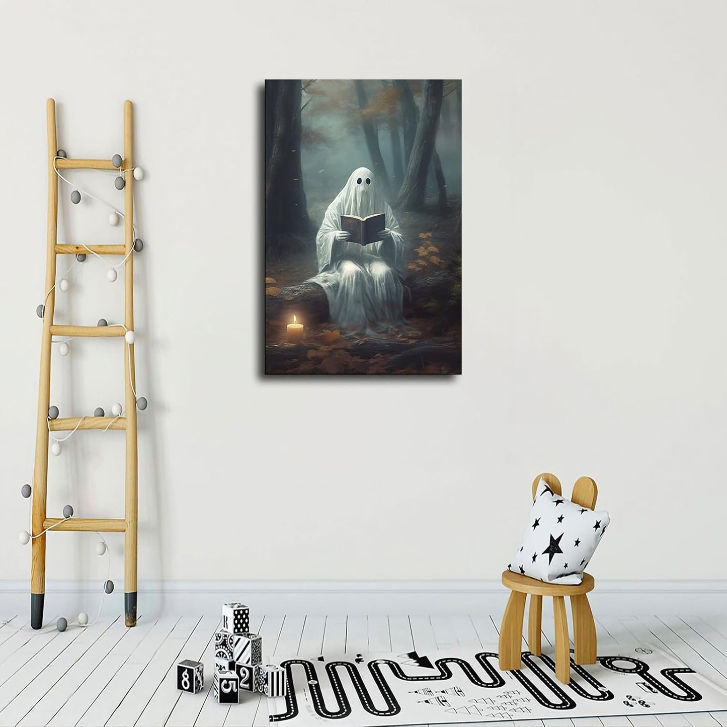 Halloween Ghost Reading Book Poster Decorative Painting Print Modern Home Bedroom Living Room Decoration Canvas Wall Art Aesthetic (08×12inch_Unframed)