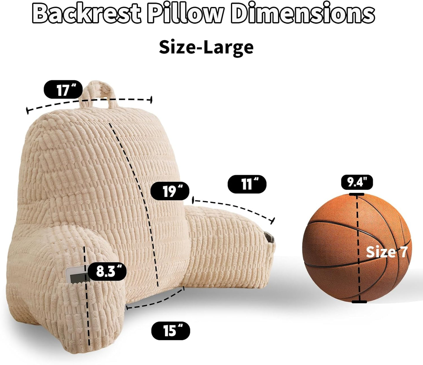 Reading Pillow for Sitting in Bed,Large Backrest Reading Pillow with Arm Rest,Back-Rest Support Cushion for Sit Up on Couch,Sofa,Floor,Dorm Essentials(Cream Corduroy,Large(19"))