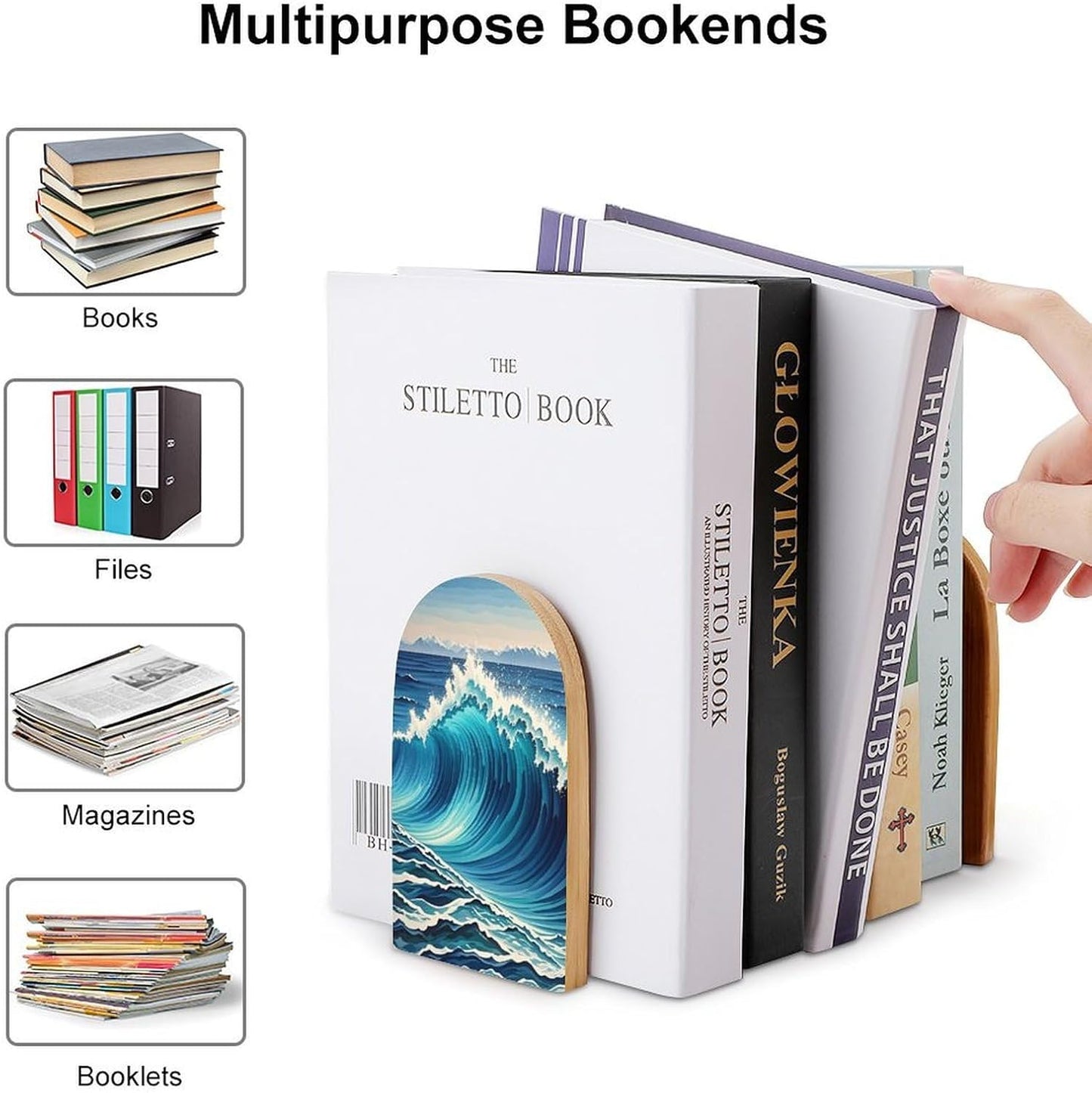 Blue Wave Art Bookends 1 Pair Heavy Duty Book Ends for Shelves Non-Skid Bookend Supports Wooden Book Holders with Metal Base Desk Organizers Books Storage to Hold Books