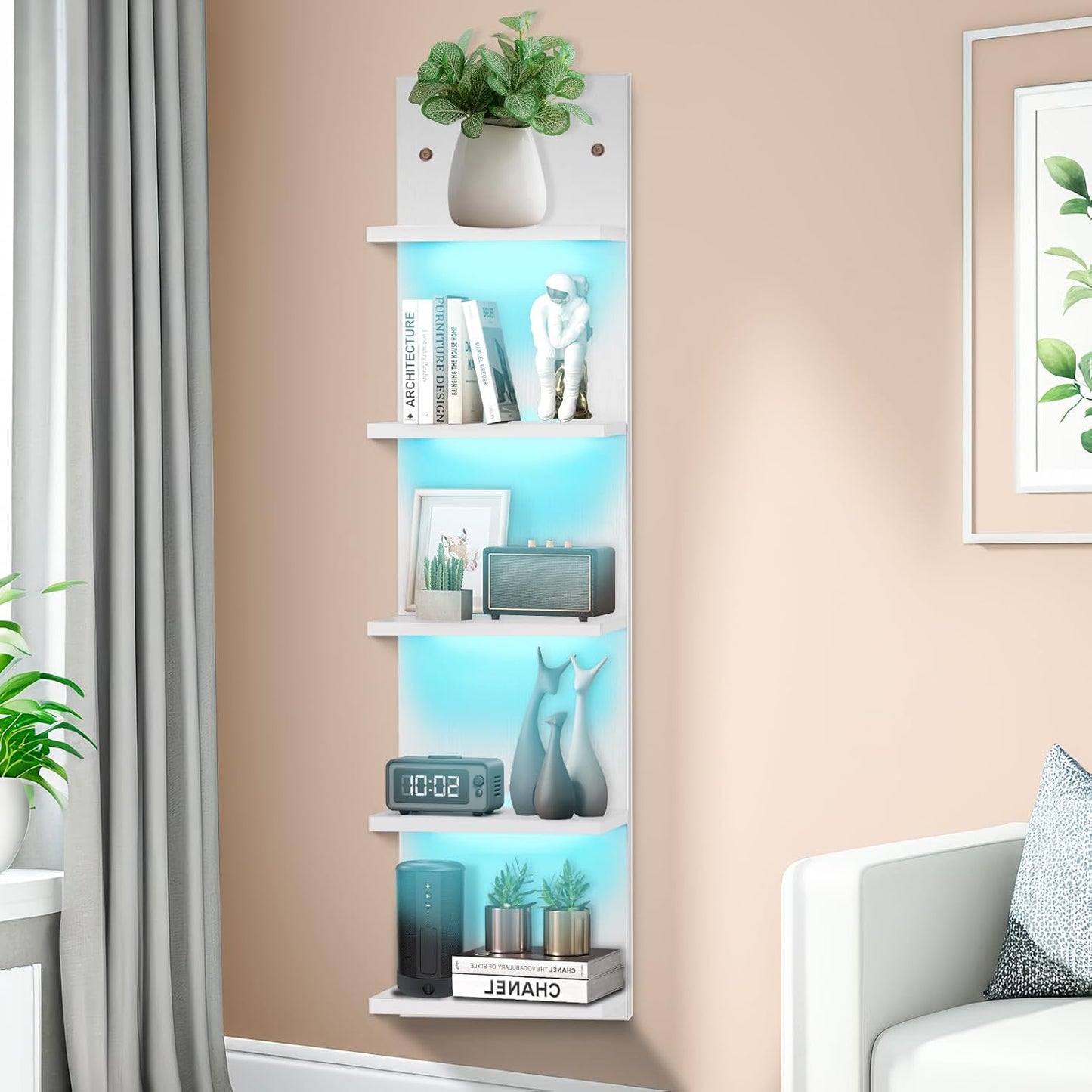White 5 Tier Display Shelf Case with Lights LED Wall Mount Vertical Lack Shelf Wall Decor RGB Lighting for Bedroom Living Room Gaming Floating Shelves