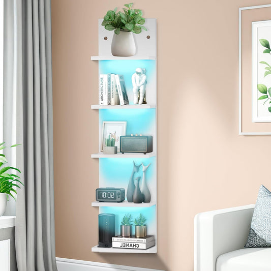 White 5 Tier Display Shelf Case with Lights LED Wall Mount Vertical Lack Shelf Wall Decor RGB Lighting for Bedroom Living Room Gaming Floating Shelves