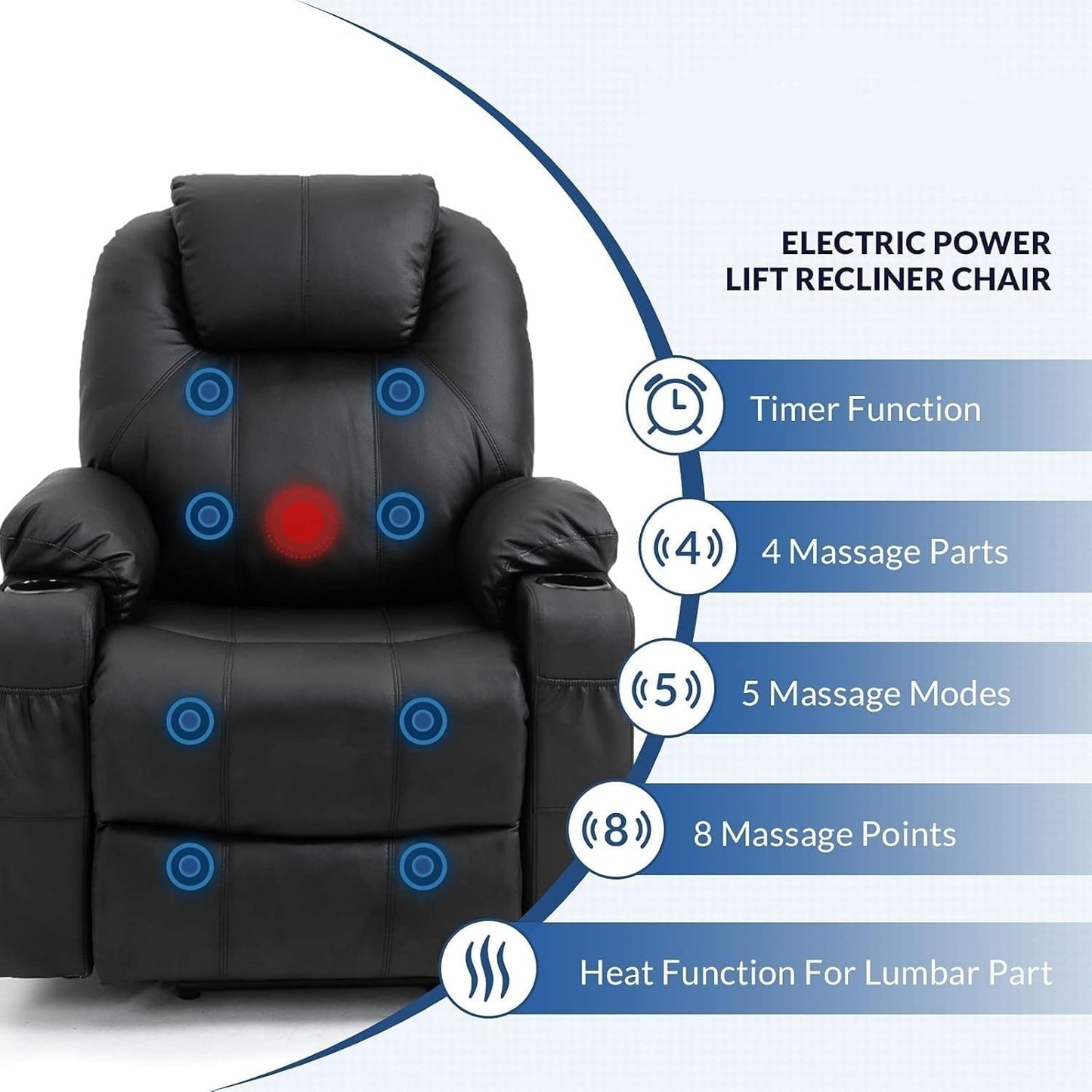 Power Lift Recliner Chair for Elderly, Adjustable Electric Recliner with Heat and Massage, Leather Power Recliner Chair with USB Ports, Cup Holders and Side Pockets
