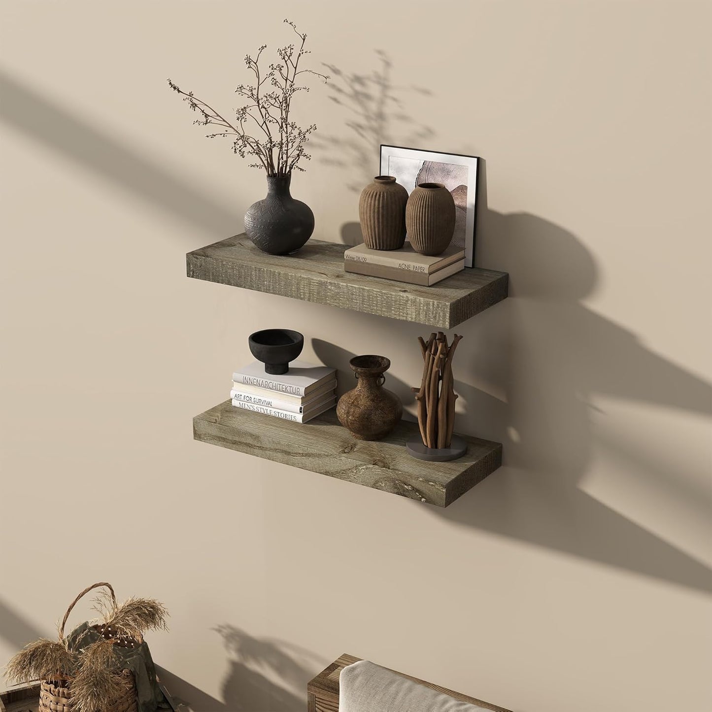 24" Long Solid Reclaimed Wood Floating Shelves, Rustic Heavy-Duty Wall Shelves with Invisible Bracket, 8" Deep Floating Shelf for Living Room, Bathroom, Bedroom and Kitchen, Set of 2, Grey