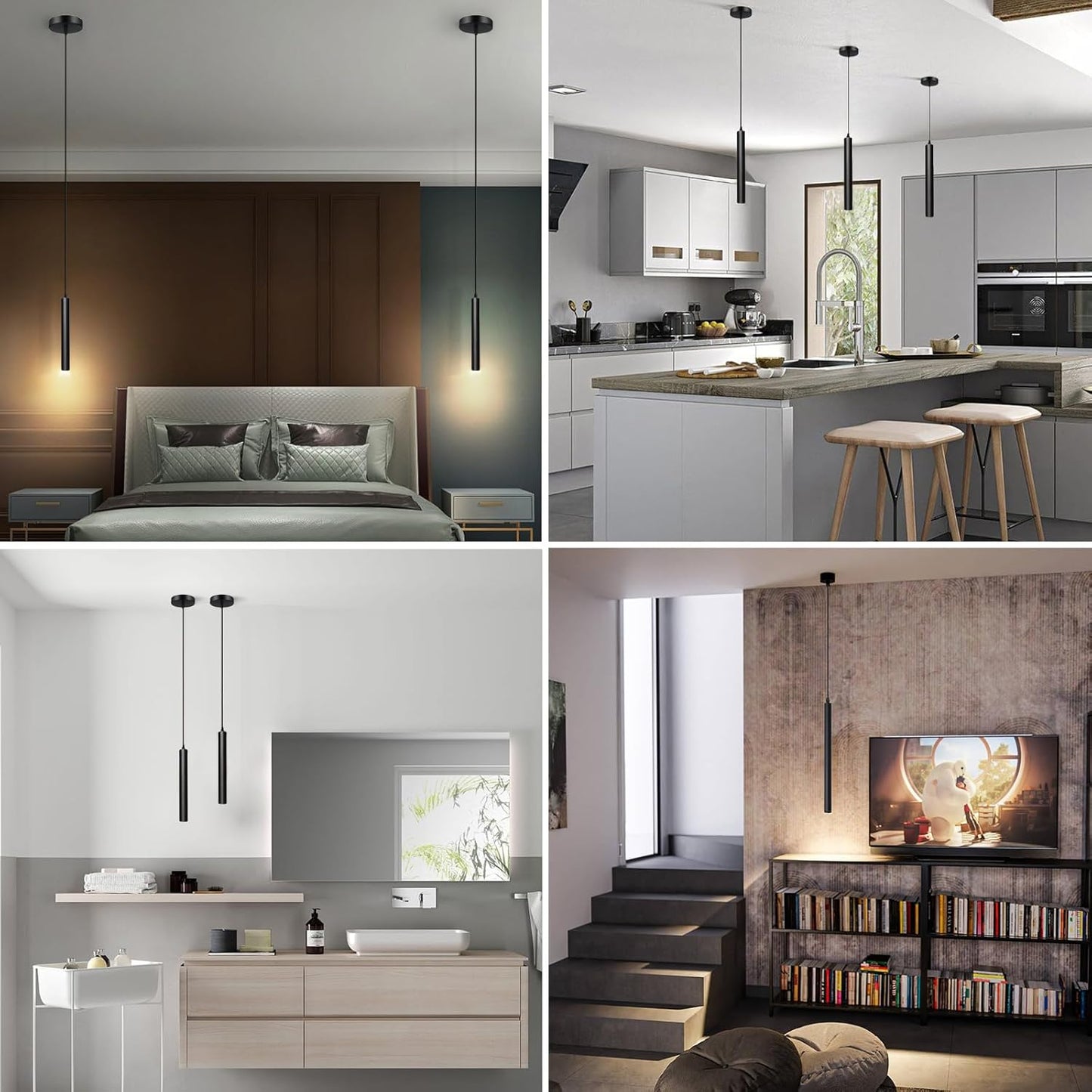 Pendant Lights Kitchen Island, Modern Black Pendant Light for Bedroom Bedside Sofa Corner, 5W Island Lights for Kitchen, Height Adjustable, 3000K, Ø1.18 x L11.8