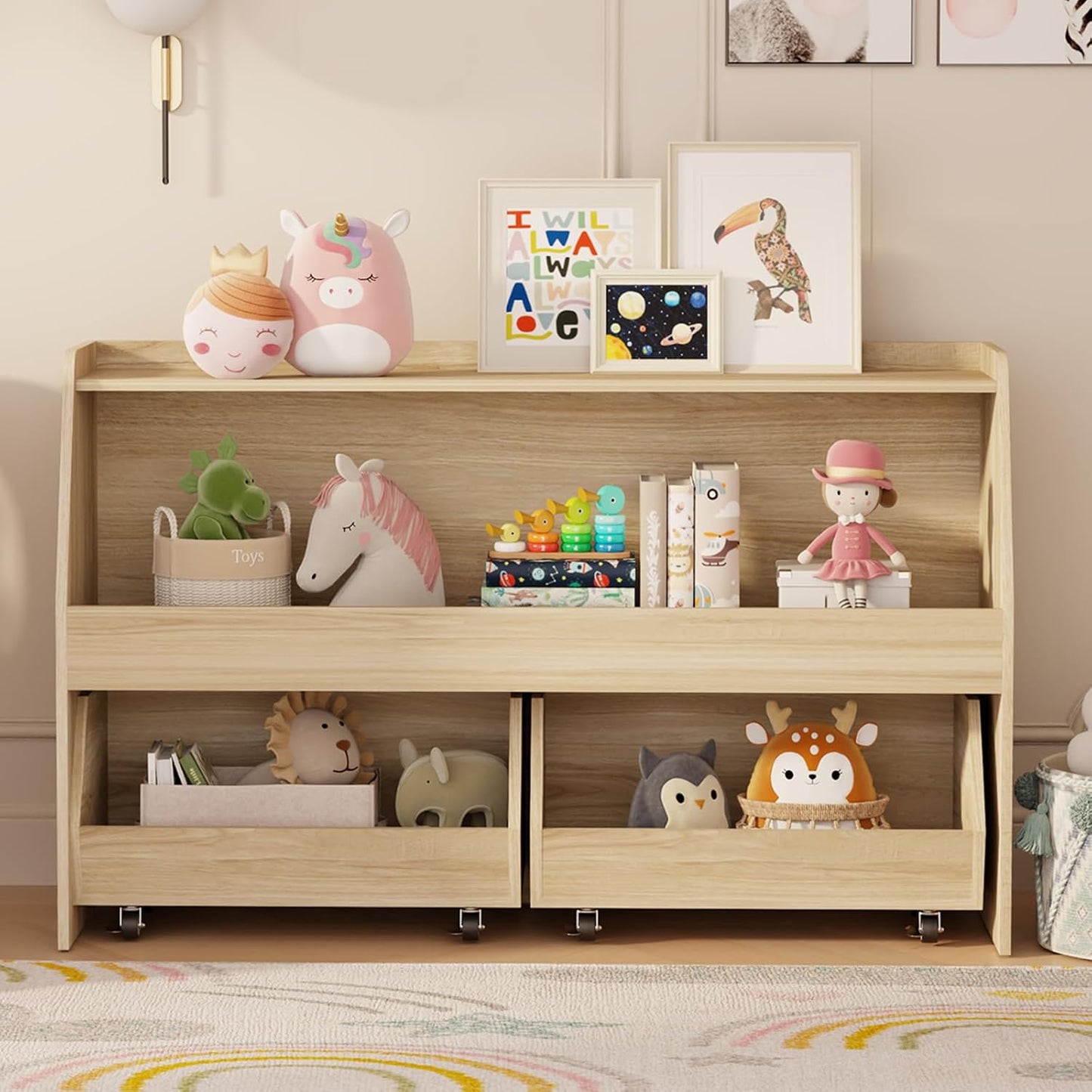 COZPAW Toy Storage Organizer, 2 Tier Montessori Shelf with Movable Bins (Wood)