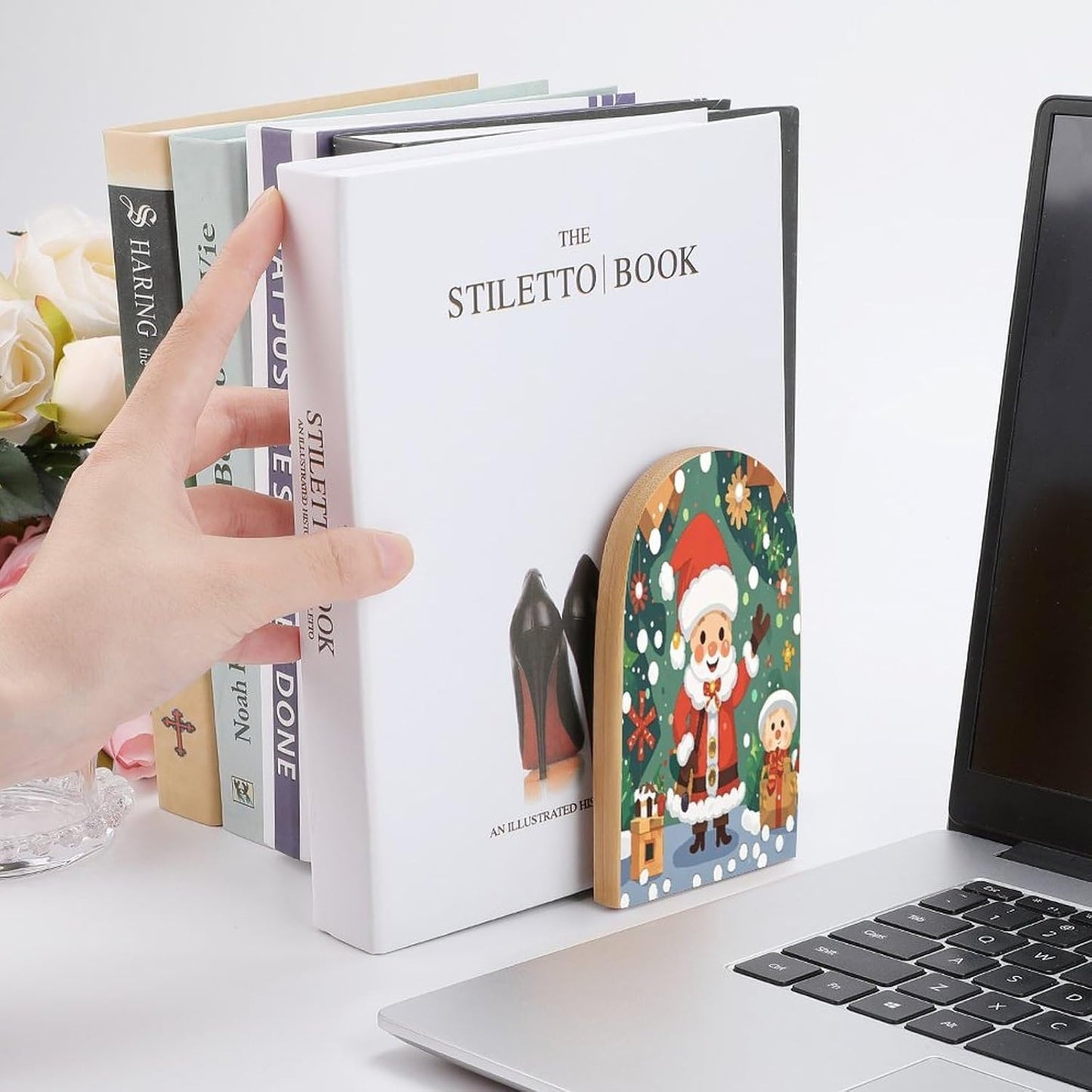 Christmas Spirit Bookends 1 Pair Heavy Duty Book Ends for Shelves Non-Skid Bookend Supports Wooden Book Holders with Metal Base Desk Organizers Books Storage to Hold Books