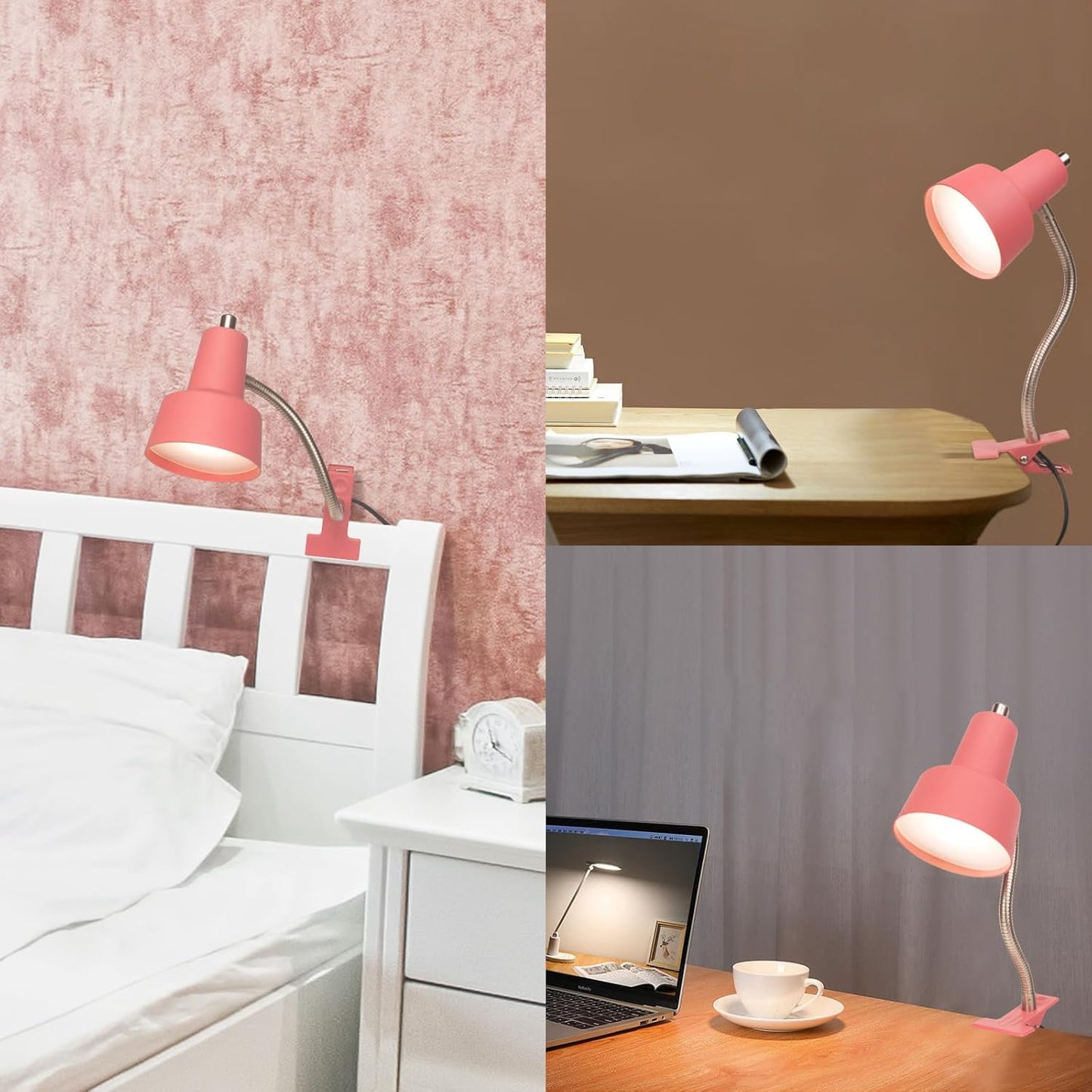 HonoDing Energetic Clip on Lamp for Bed, Non-Dimmable Reading Light for Bed and Desk, 4000K Cool White, 3.5W 240 LM Flexible Gooseneck lamp, Eye Protection (Pink)
