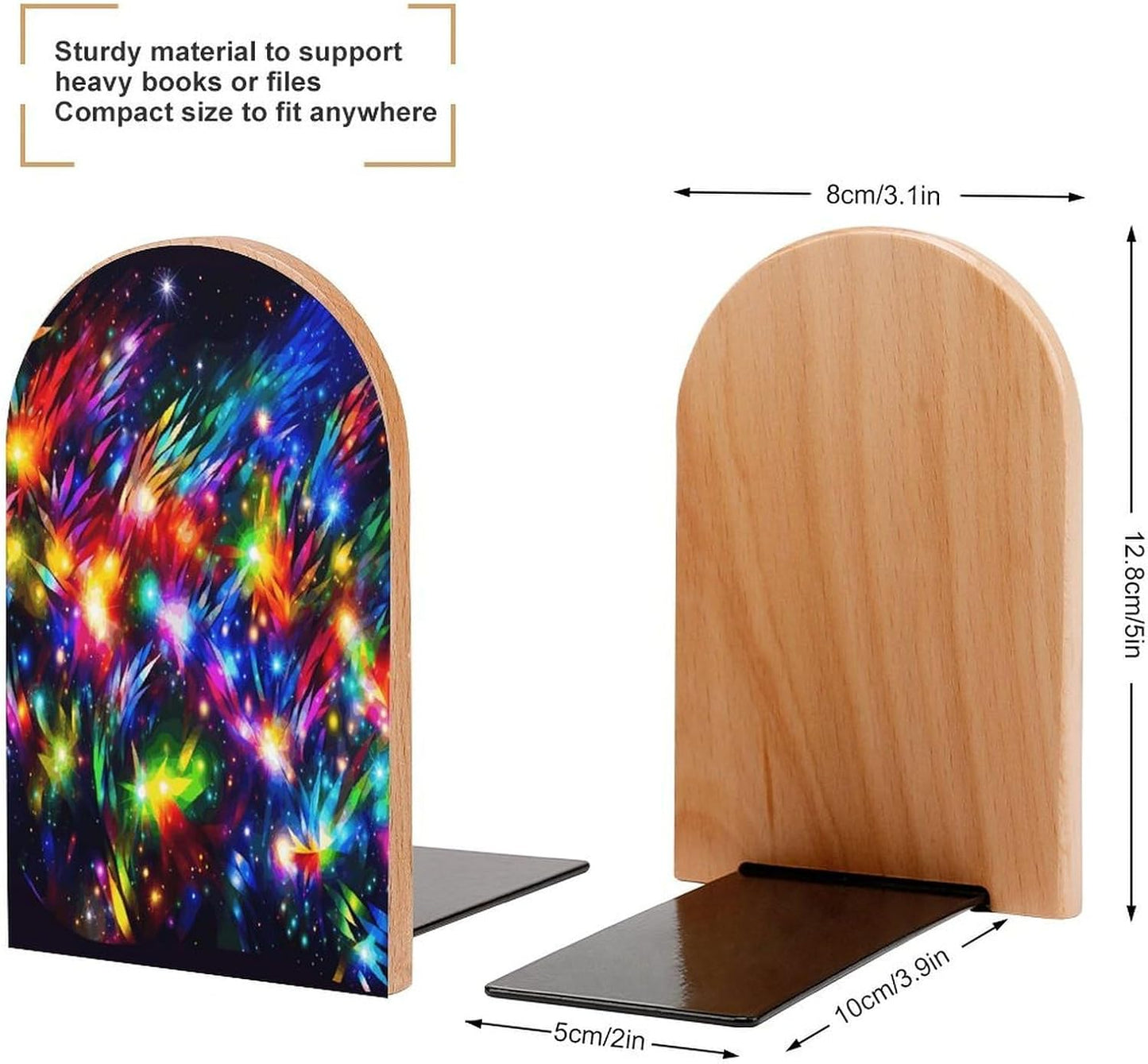 Bright Beautiful Colorful Art Bookends 1 Pair Heavy Duty Book Ends for Shelves Non-Skid Bookend Supports Wooden Book Holders with Metal Base Desk Organizers Books Storage to Hold Books