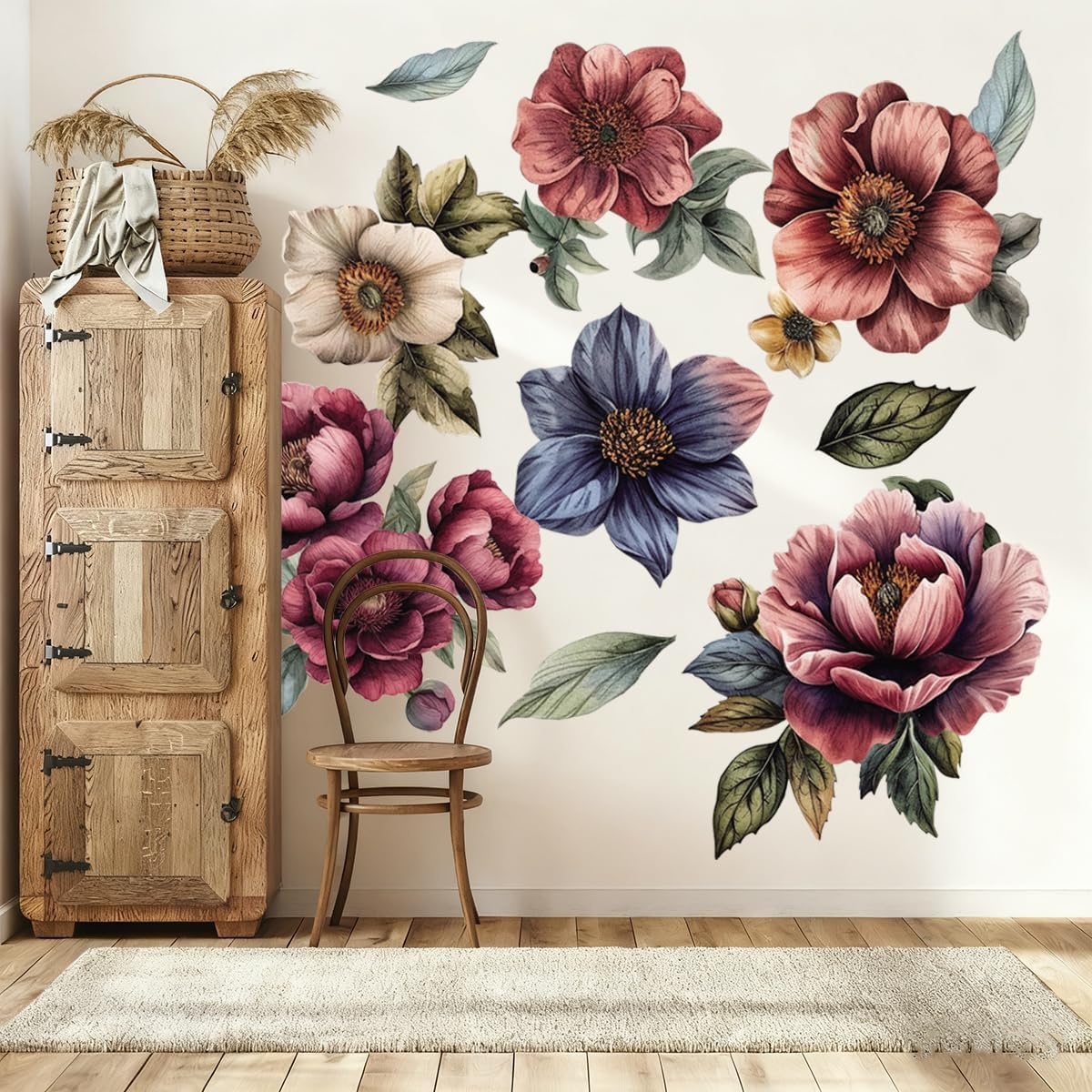 Runtoo Large Flower Wall Art Decals Boho Fabric Jumbo Floral Wall Stickers for Girls Bedroom Living Room Office Home Backdrop Decor