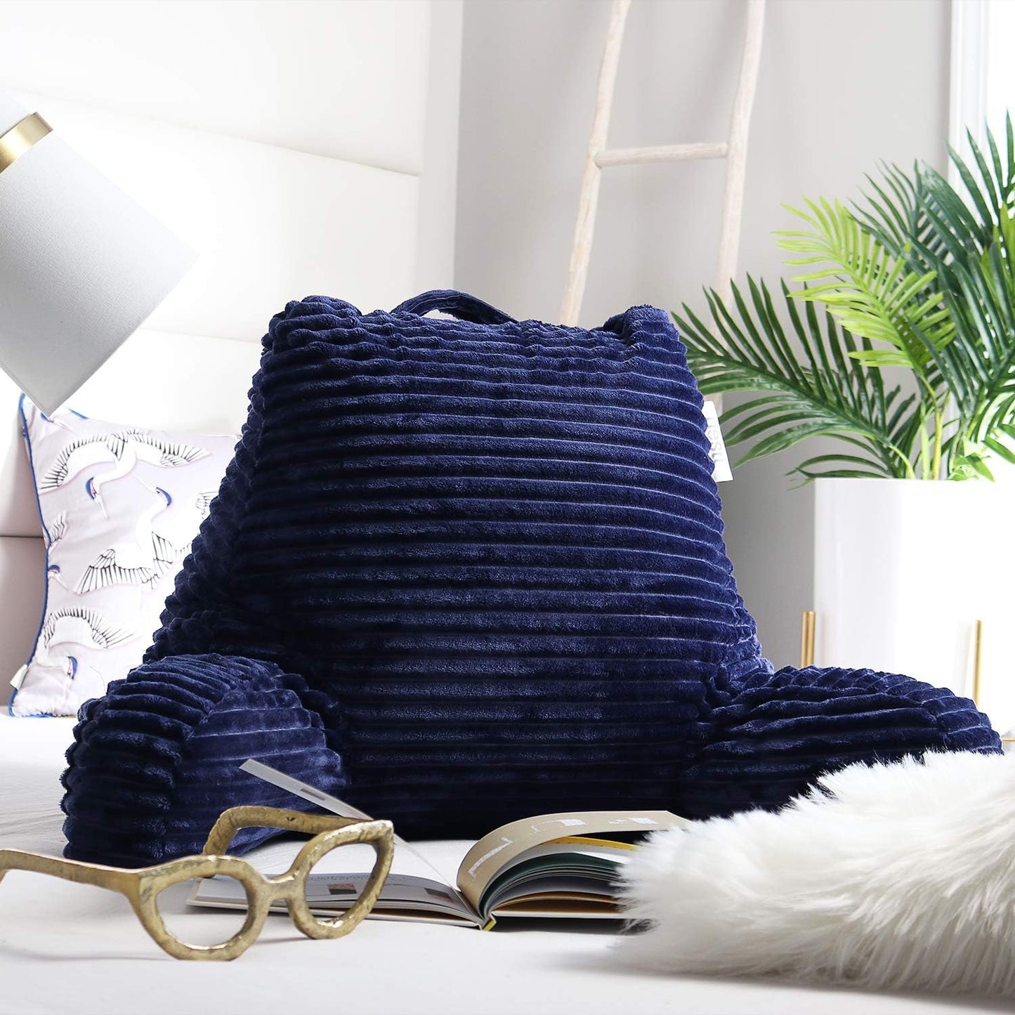 Nestl Reading Pillow with Shredded Memory Foam, Luxe Cut Plush Back Pillow for Sitting Up in Bed, Back and Arms Adjustable Support for Adult & Teens, Backrest Pillows with Washable Cover Navy Blue