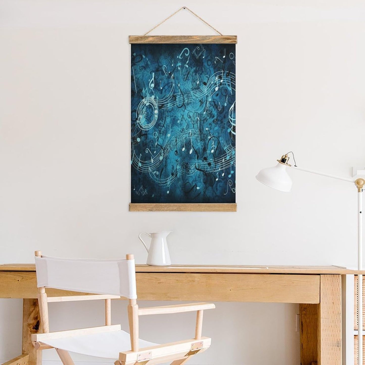Vintage Blue Musical Notes Poster with Wooden Frame Personalized Linen Hanging Scroll Painting Rustic Wall Hanging Illustrative Modern Artwork Decor for Home Living Room Bedroom Office