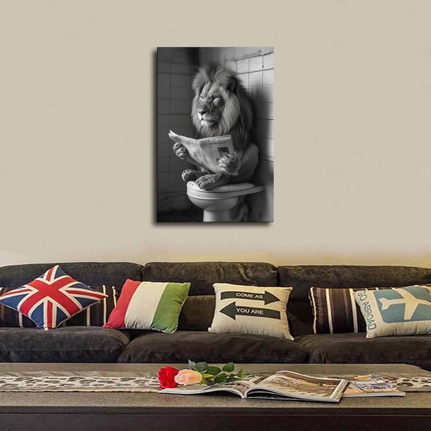 Black and White Photo of A Lion Reading A Newspaper on A Toilet Print Poster Picture HD Print Poster Retro Painted Modern Home Bedroom Room Aesthetic Decoration Canvas Art (12x18inch Unframed)