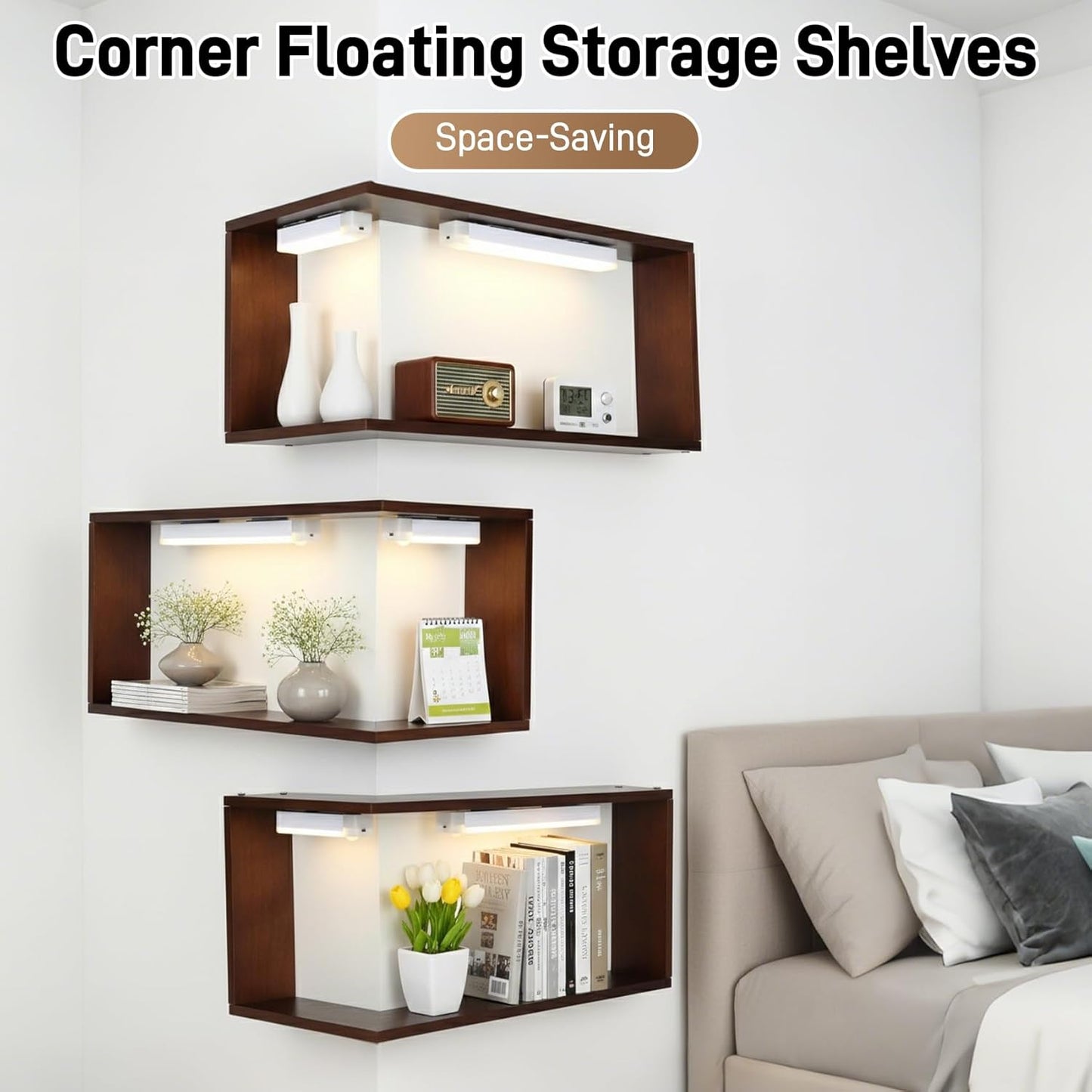 Floating Corner Shelves with Light, Set of 3 Corner Floating Storage Shelves for Living Room Bedroom Office Kitchen, Space-Saving (Including 6 LED Lights)