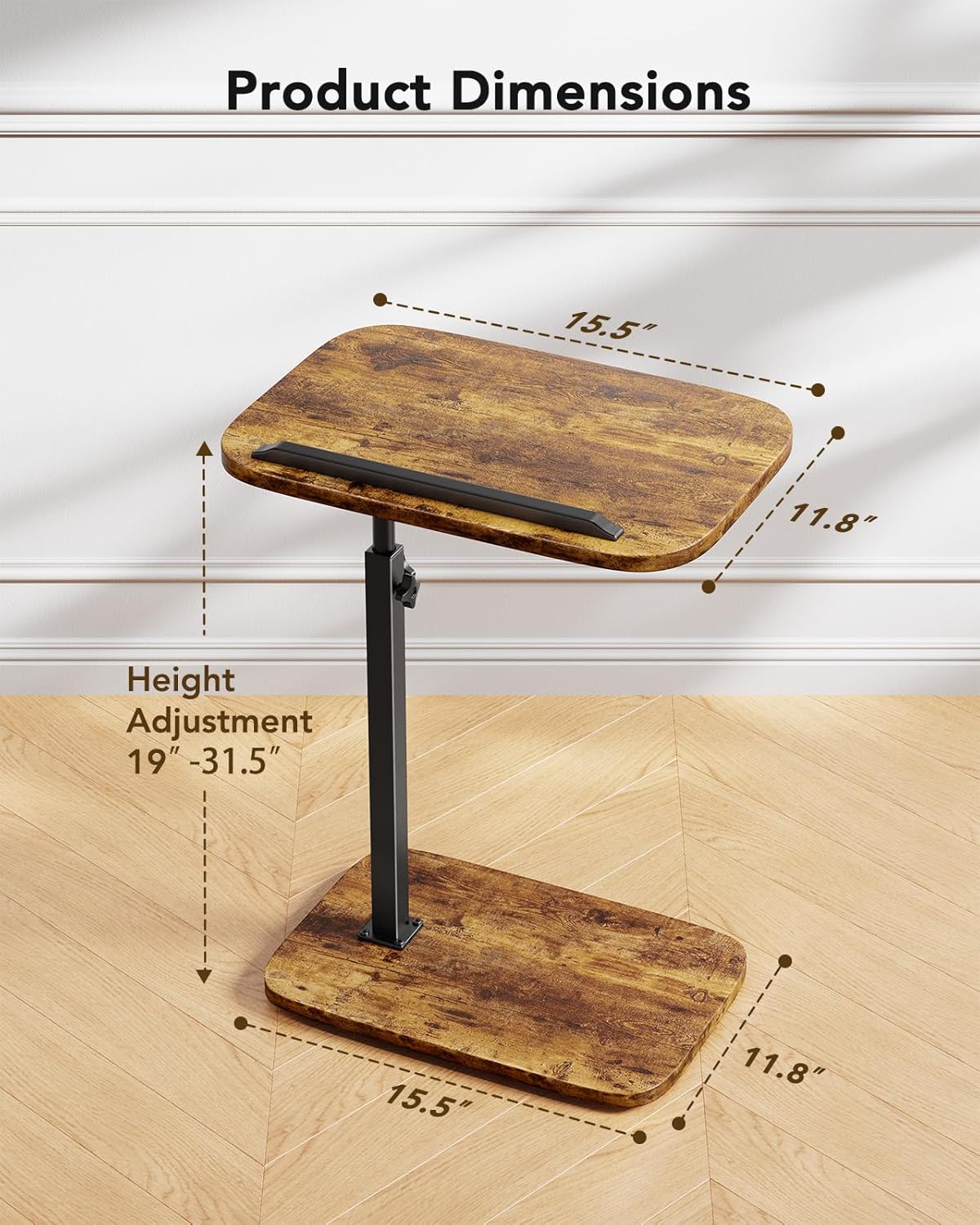 HUANUO Adjustable TV Tray, Height Adjustment TV Trays with 360° Swivel and 90° Tilt, Sturdy & Multi-Functional Sofa Table with Anti-Slip Bar, Side Table for Couch, Bedside, Dining, Living Room
