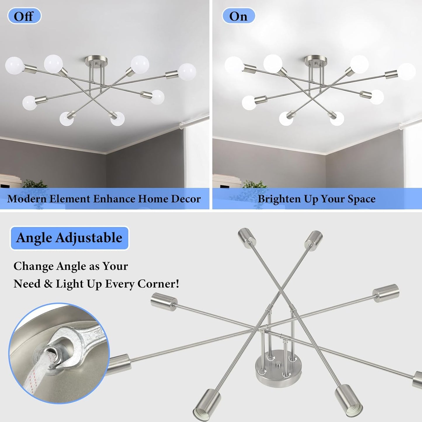 Modern Sputnik Chandelier 8-Light Industrial Ceiling Lights Fixture 32" Brushed Nickel Semi Flush Mount Ceiling Light with E26 Base Sputnik Lights Fixture for Dining Room Bedroom Hallway Living Room
