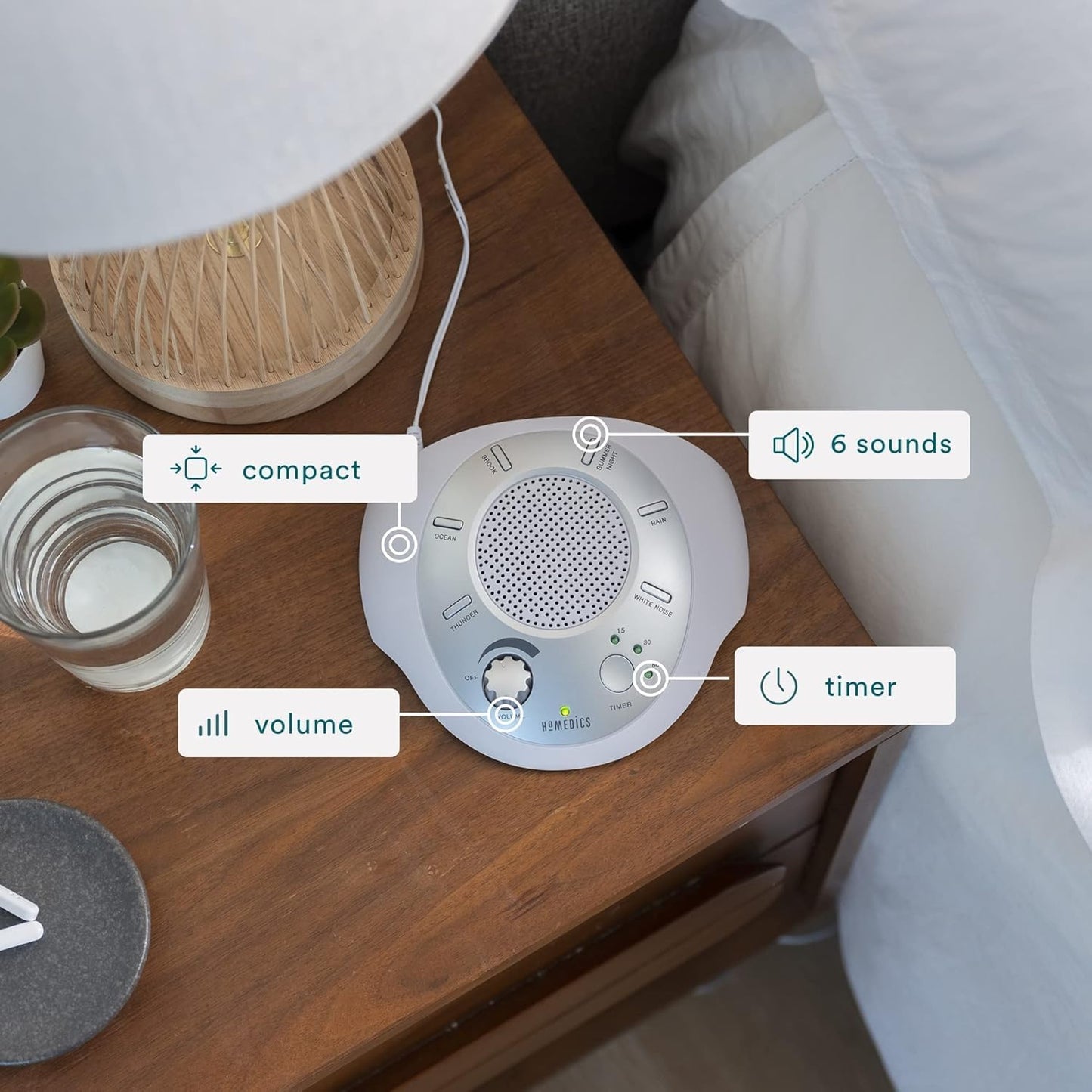 Homedics SoundSleep White Noise Machine, Silver, Small Travel Size with 6 Relaxing Nature Sounds, Portable Therapy for Home, Office, Nursery, Auto-Off Timer