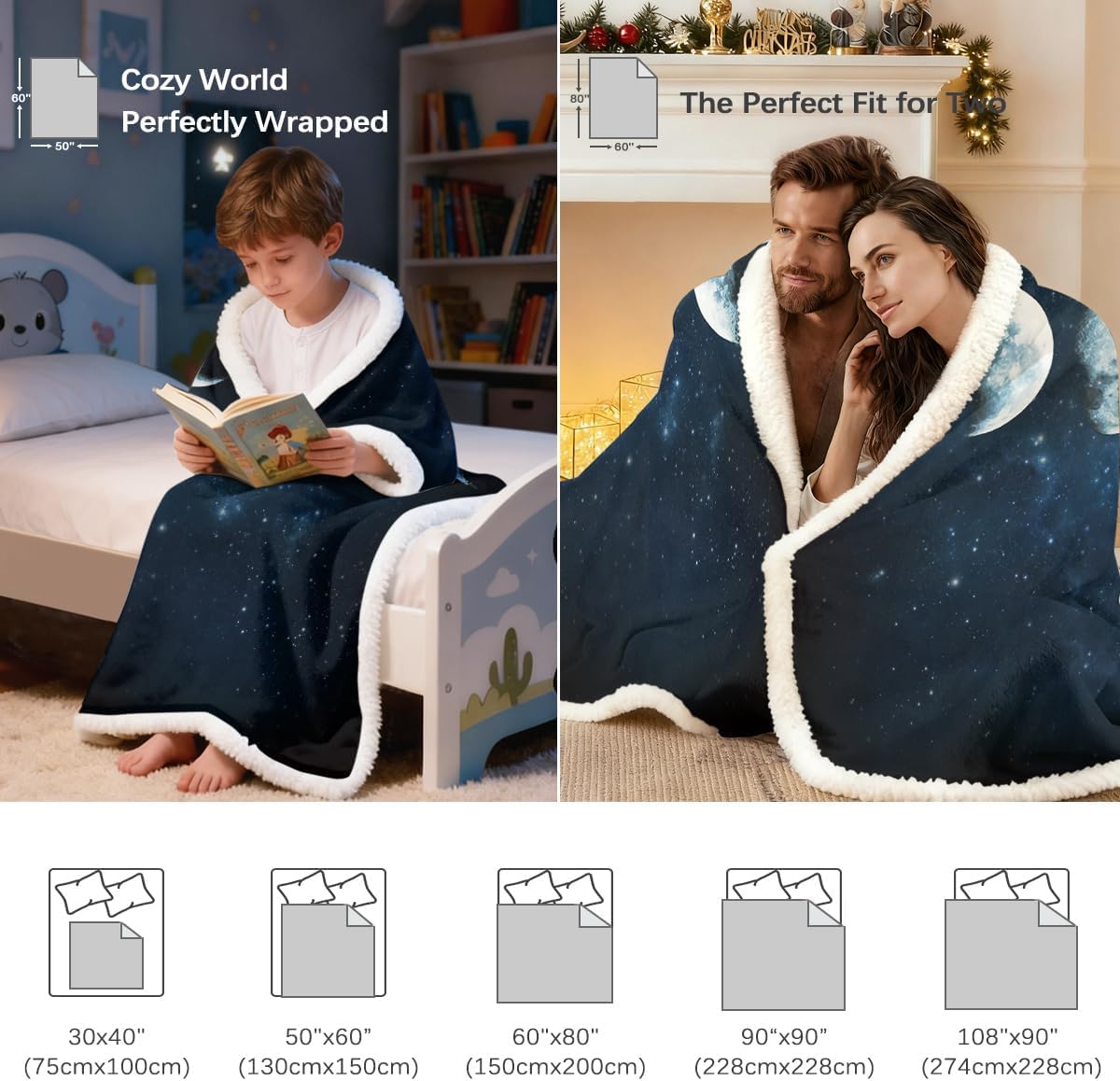 Sleepwish Lunar Eclipse Fleece Throw Blanket for Couch Chair Fuzzy Dark Blue Moon Phases Print Plush Sherpa Blanket for Kids, Moon Decor Gifts Throw(50" X 60")