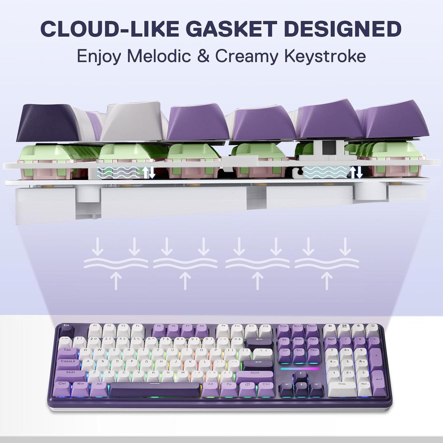 Redragon K745 PRO Wireless Gasket RGB Gaming Keyboard, 108 Keys Mechanical Keyboard w/Extra 4 Hotkeys, Hot-Swap South-Facing LED Socket, 5-Layer Noise Dampening, Round PBT Keycaps, Mint Mambo Switch
