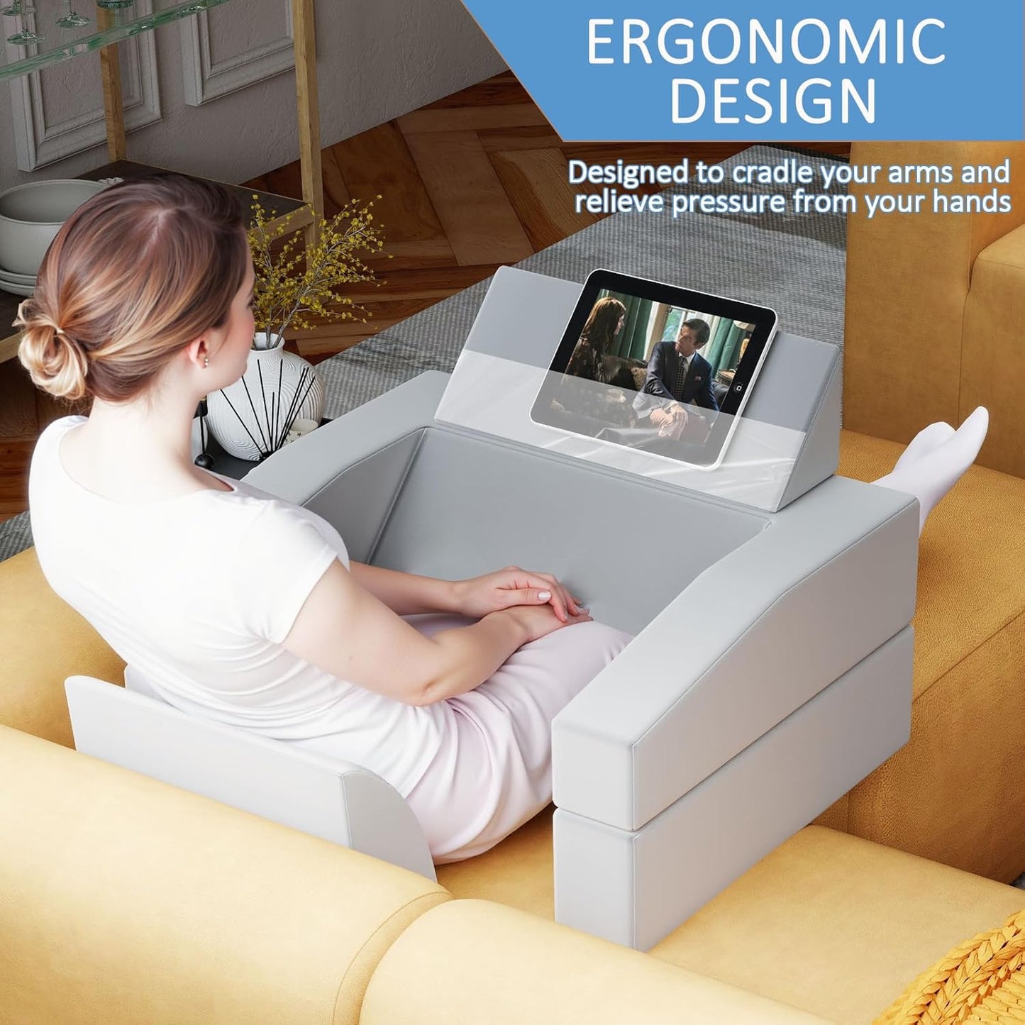 Reading Pillow for Gaming Large Lap Desk for Laptop with Back Arm Rest & Cup Holder for Adult Adjustable Gaming Pillow Memory Foam Bed Desk for Reading, Crochet, Working on Bed Floor Sofa & Couch