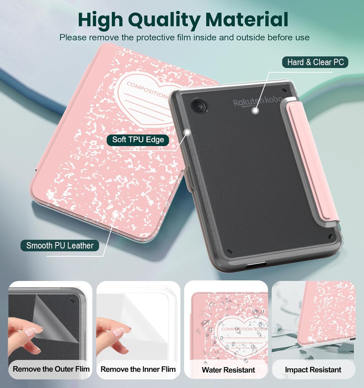 E NET-CASE Detachable Magnetic Case for 6" Kobo Clara Colour (2024) /Clara BW (2024) /2E (2022) eReader, Ultra Clear Back Scratch-Proof Light丨Easy to Detach & Attach丨Auto Sleep/Wake (Love Pink)